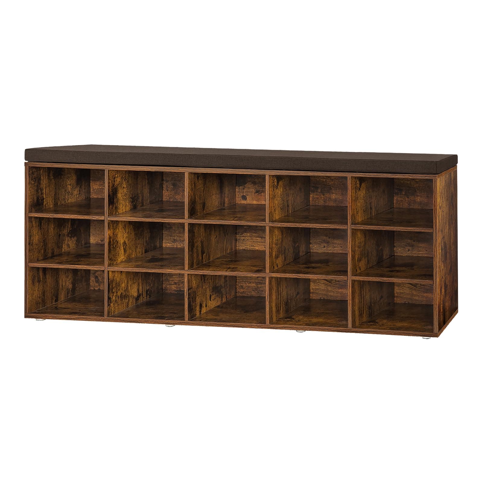 DINZI LVJ Shoe Storage Bench with Cushion, 15-Cubby Rack, Adjustable Shelves, Long Organizer Bench for Entryway, Mudroom, Hallway, Living Room, Bedroom and Garage, Rustic Brown