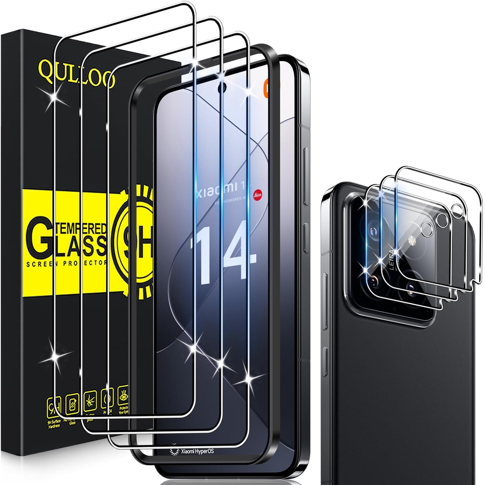 QULLOO Screen Protector for Xiaomi 14 5G, Pack of 3 Screen Protectors with 3 Camera Protection, 9H Hardness Tempered Glass, HD Clear Protective Glass, Anti-Scratch Film