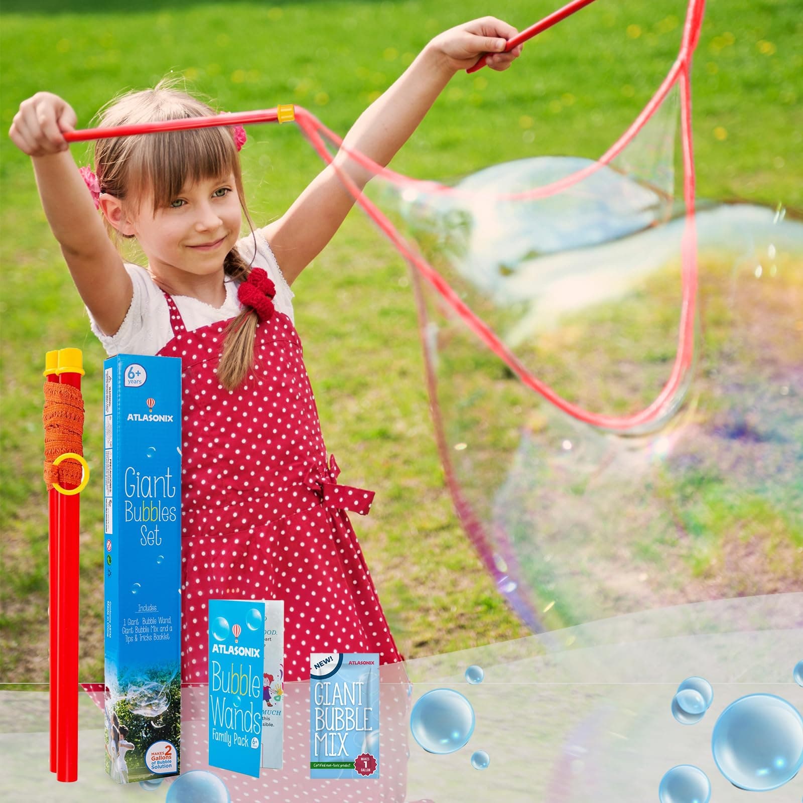 Giant Bubble Wand - Bubble Wands, Bubbles for Kids, Big Bubble Wand Huge Rope, 1 Pack Giant Bubble Wands + Bubble Solution Powder – Makes 1 Gallon, Outdoor Summer Fun
