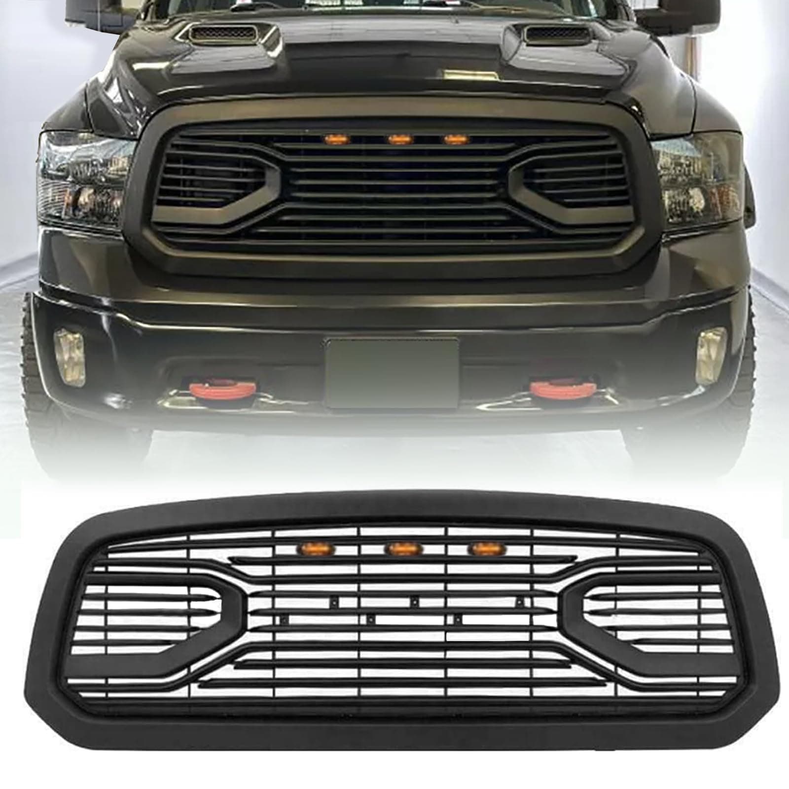 Front Bumper Grille Compatible with 2013 2014 2015 2016 2017 2018 Ram 1500 Grill, Replacement Aftermarket Grill with Letters Matte Black, Big Horn Style w/LEDs