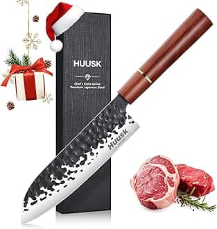 Huusk Japanese Santoku Chef Knife, Professional Chef Knife 7 Inch, Razor Sharp Kitchen Knives for Meat Cutting, Multipurpose Cooking Knives with Hand Forged Blade & Rosewood Handle, Christmas Gifts
