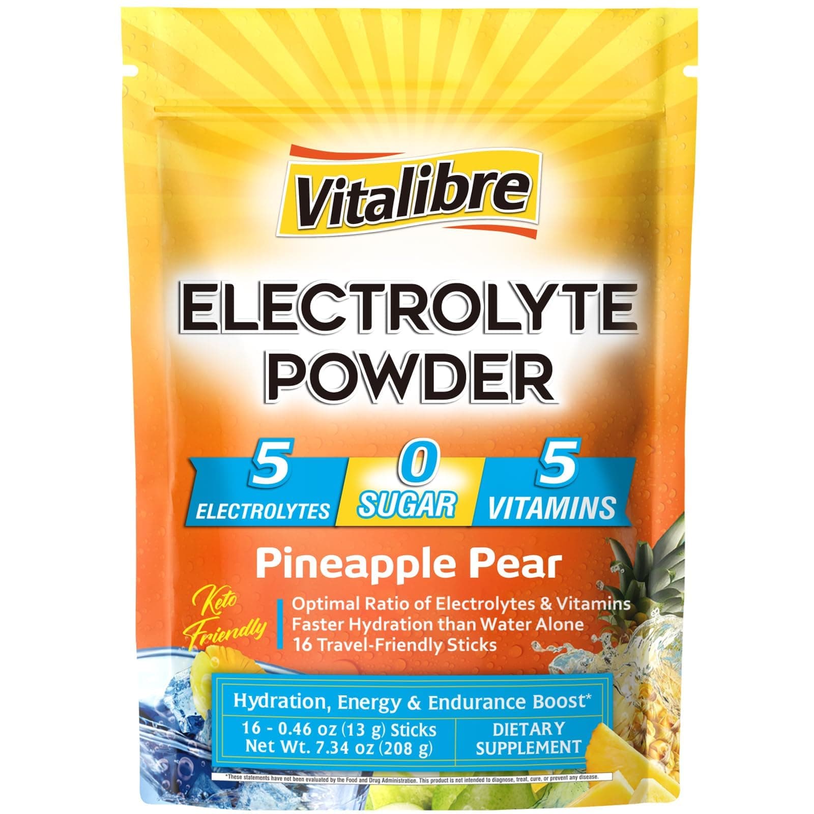 Electrolytes Powder Packets | Magnesium, Potassium, Sodium, Vitamin C | for Rapid Hydration | Zero Sugar & Keto | 16 Stick Packs | Pineapple Pear Flavor