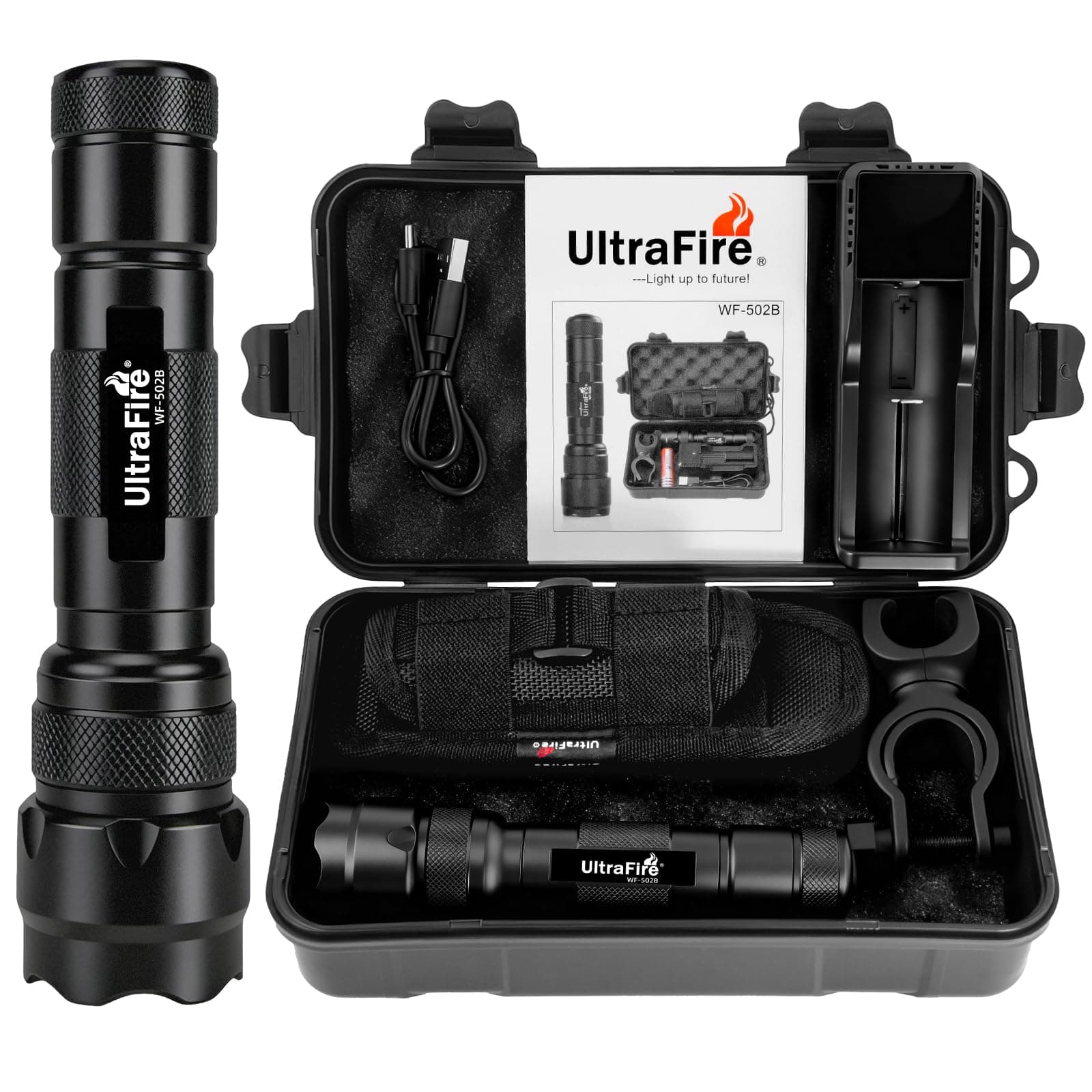ULTRAFIRE WF-502B LED Tactical Flashlight, 5 Modes 1000 High Lumens Flashlight Torch with Duty Belt Flashlight Holster, UFB26, Bicycle Mount, USB Charger