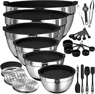 Umite Chef Mixing Bowls with Airtight Lids, 26Pcs Stainless Steel Bowls Set, 3 Grater Attachments & Black Non-Slip Bottoms Size 7, 4, 2.5, 2.0,1.5, 1QT, Great for Mixing & Serving