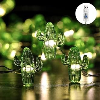 Starryfill Tropical Themed Small Cactus USB-Plugin String Lights 0.8"(H) 40 LED with Remote Control and Timer On 13.85ft Copper Wire Warm White Waterproof Warm White for Decorations