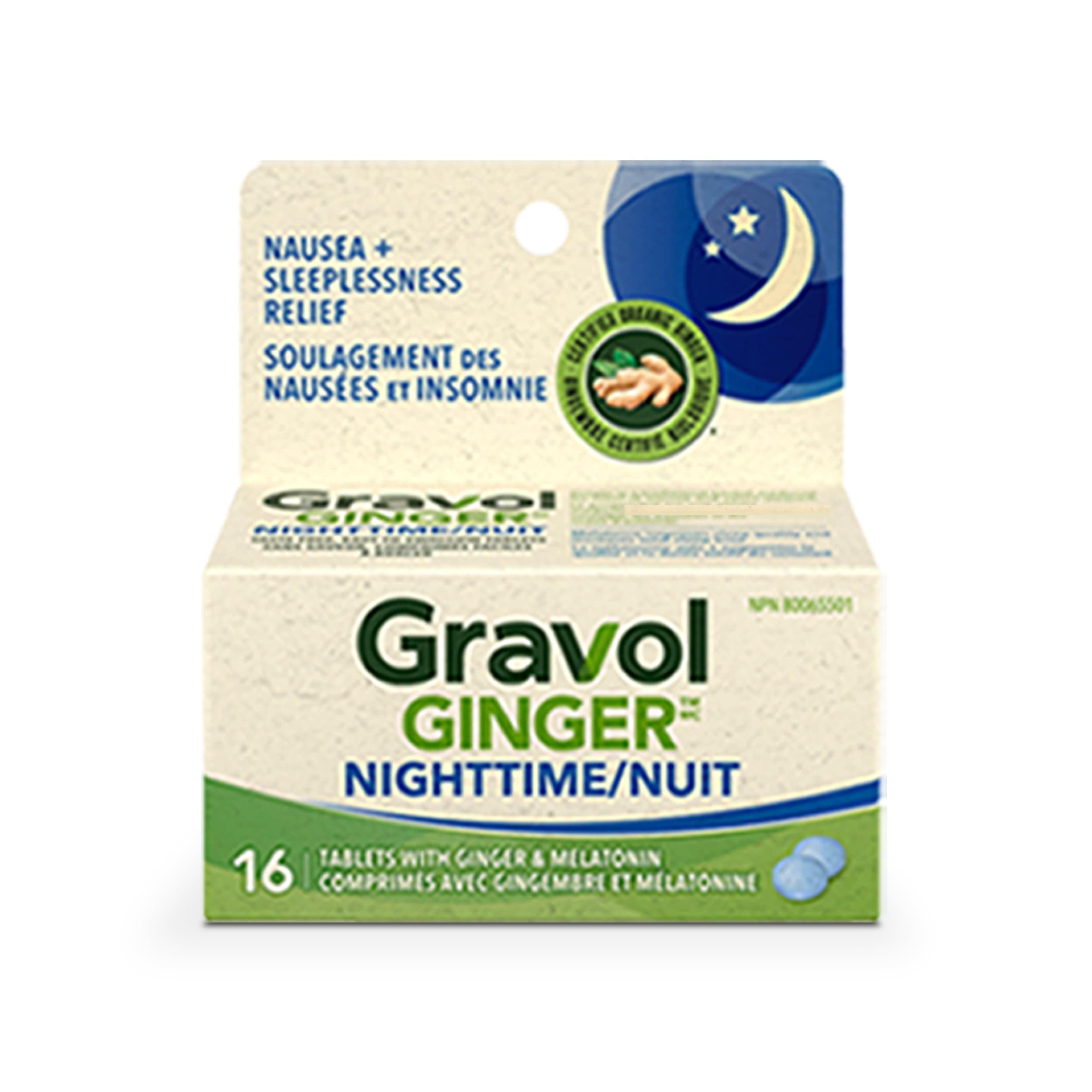 Gravol Natural Source Ginger Nighttime for Prevention and Treatment of Night time Nausea and Digestive Upset - 16 Tablets