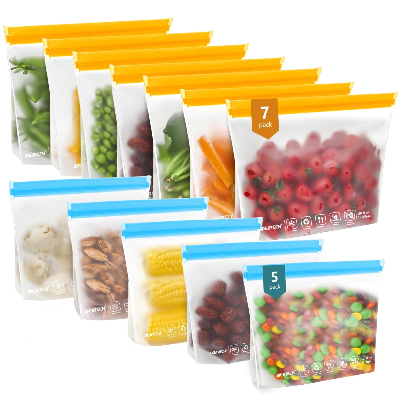 IDEATECH 12Pack Reusable Food Storage Bags Dishwasher Safe,Leakproof Gallon Freezer Bags, BPA Free Quart Sandwich Size Reusable Baggies for Marinate Meats,Travel(7Gallon 5Quart, Colored)