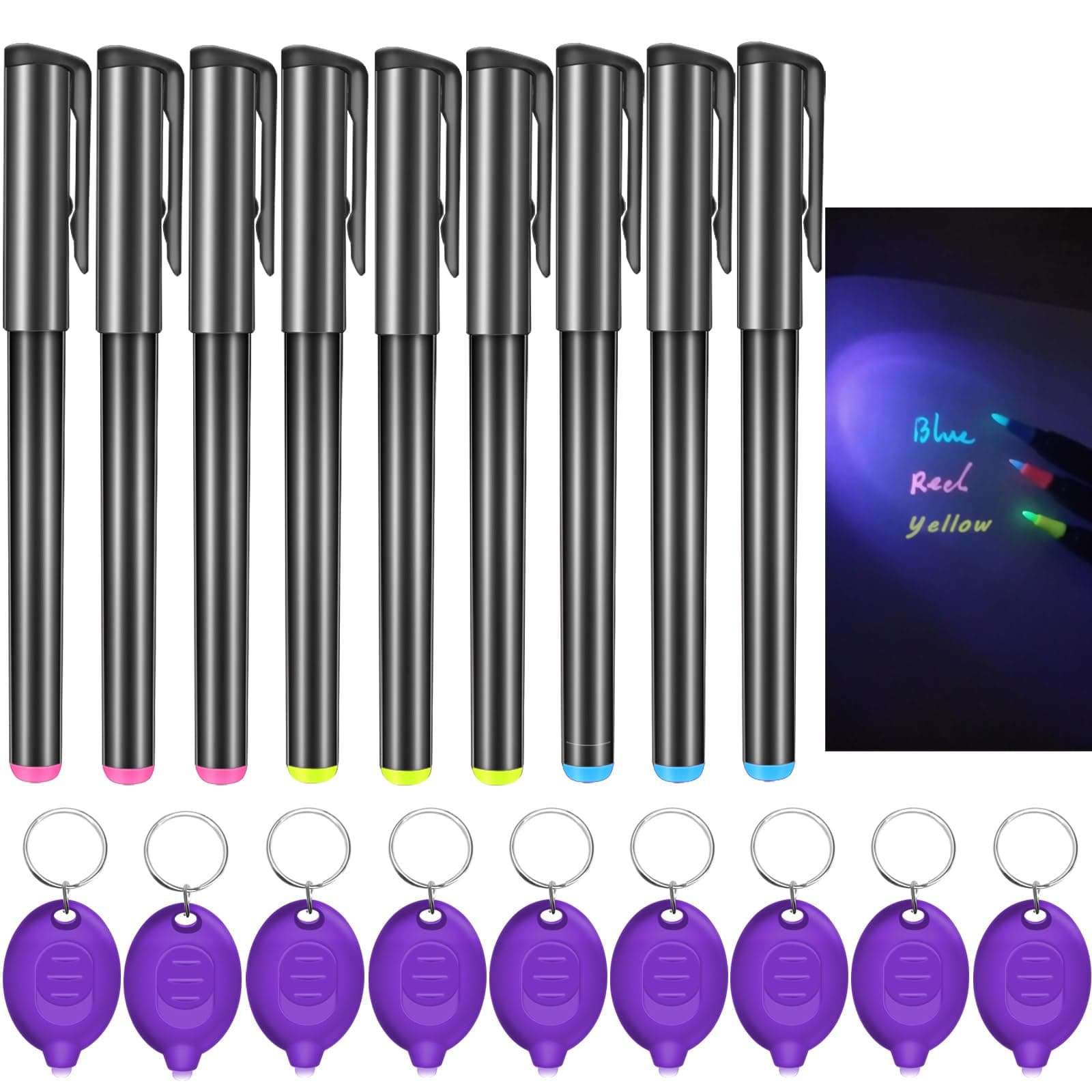 Invisible Ink Pen, Spy Pen with 9 PCS Mini UV LED Keychain Flashlight, Disappearing Ink Magic Pens with Black Light Markers for Secret Notes, Fit for Christmas Halloween Holiday Gifts (9 PCS)