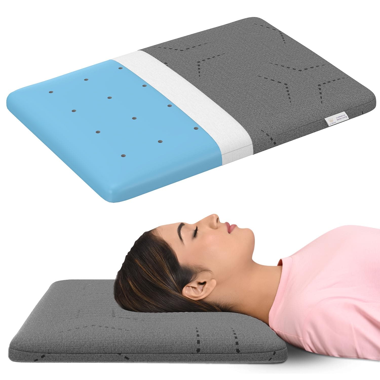 Ventilated Cool Gel Memory Foam Pillow Ultra-Thin Size - 2.5 Inch High, |2 Years Warranty | with Grey Colour Removable Washable Pillow Cover - Pack of 1