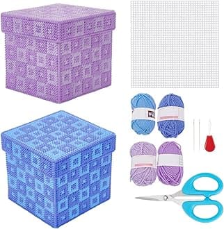 FREEBLOSS 2 Set Plastic Canvas Box Kit Cross Stitch Kit for Beginners Mesh Canvas Sheets and 4 Colors Yarn for Embroidery Crafting, Knitting Projects
