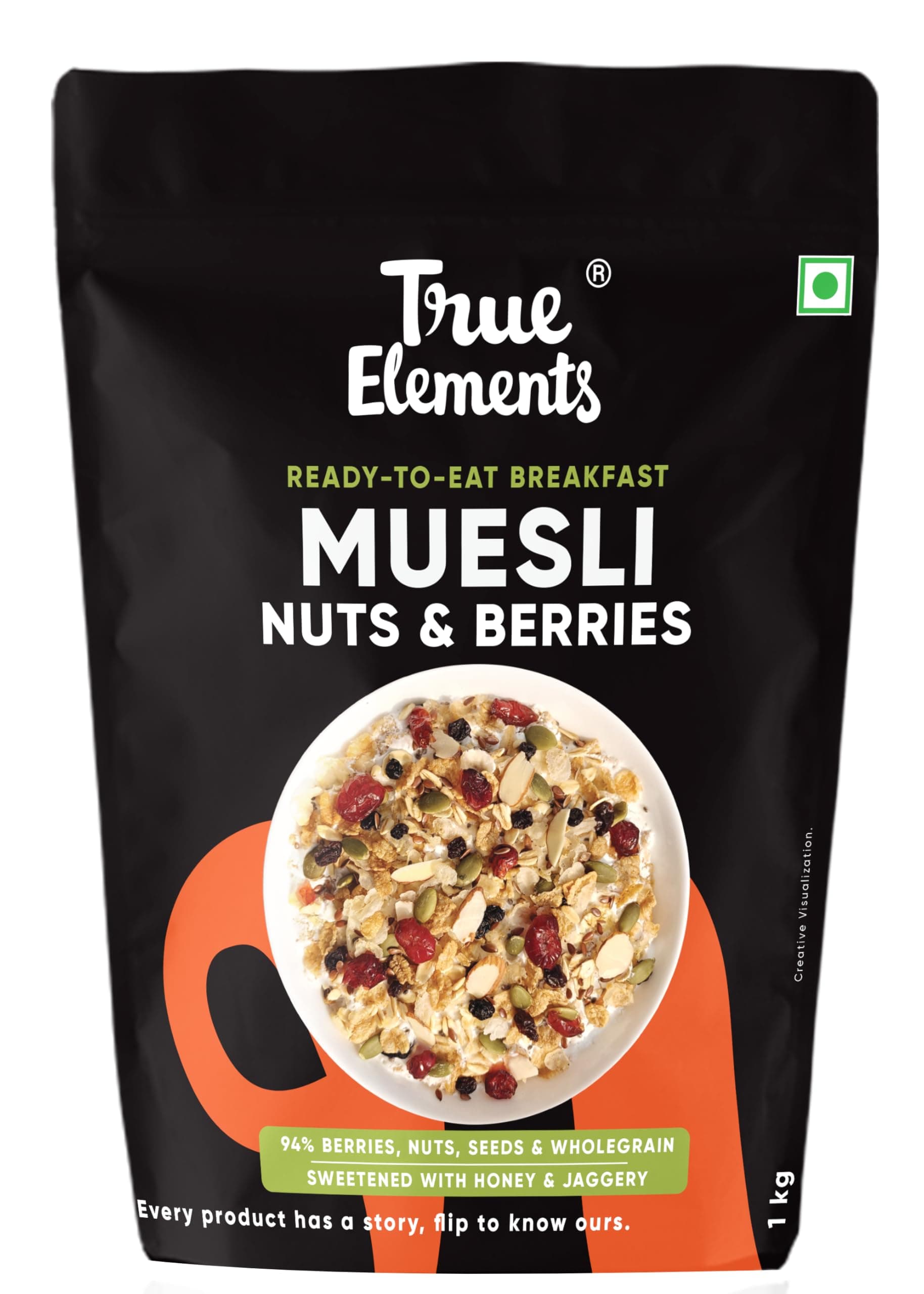 - True Elements Crunchy Nuts & Berries Muesli 1kg - With 13g Clean Protein | Almonds, Seeds & Real Cranberries | With Jowar Millets | Crunchy Wholegrain Muesli | No Added Refined Sugar