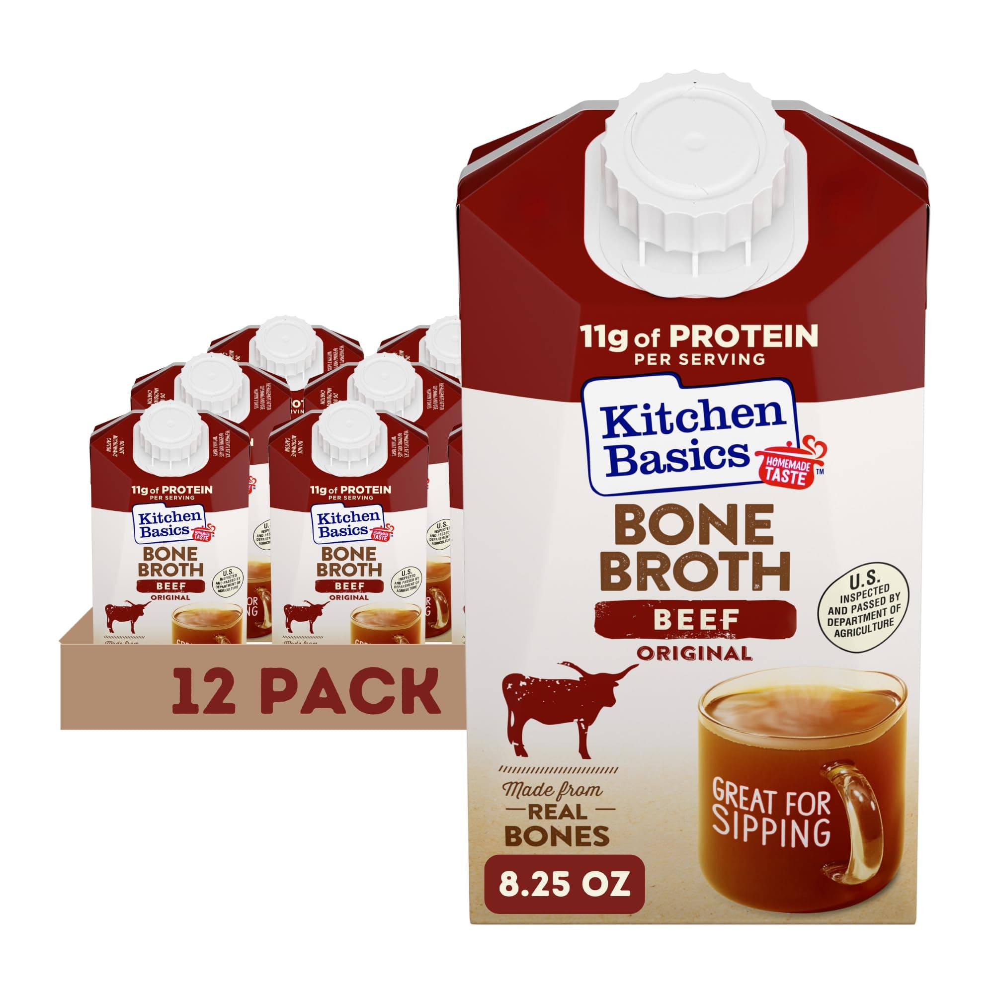 Beef Bone Broth, 8.25 oz Carton, a Delicious Boost of Flavor to soups and gravy, Great for Sipping and a Source of Protein