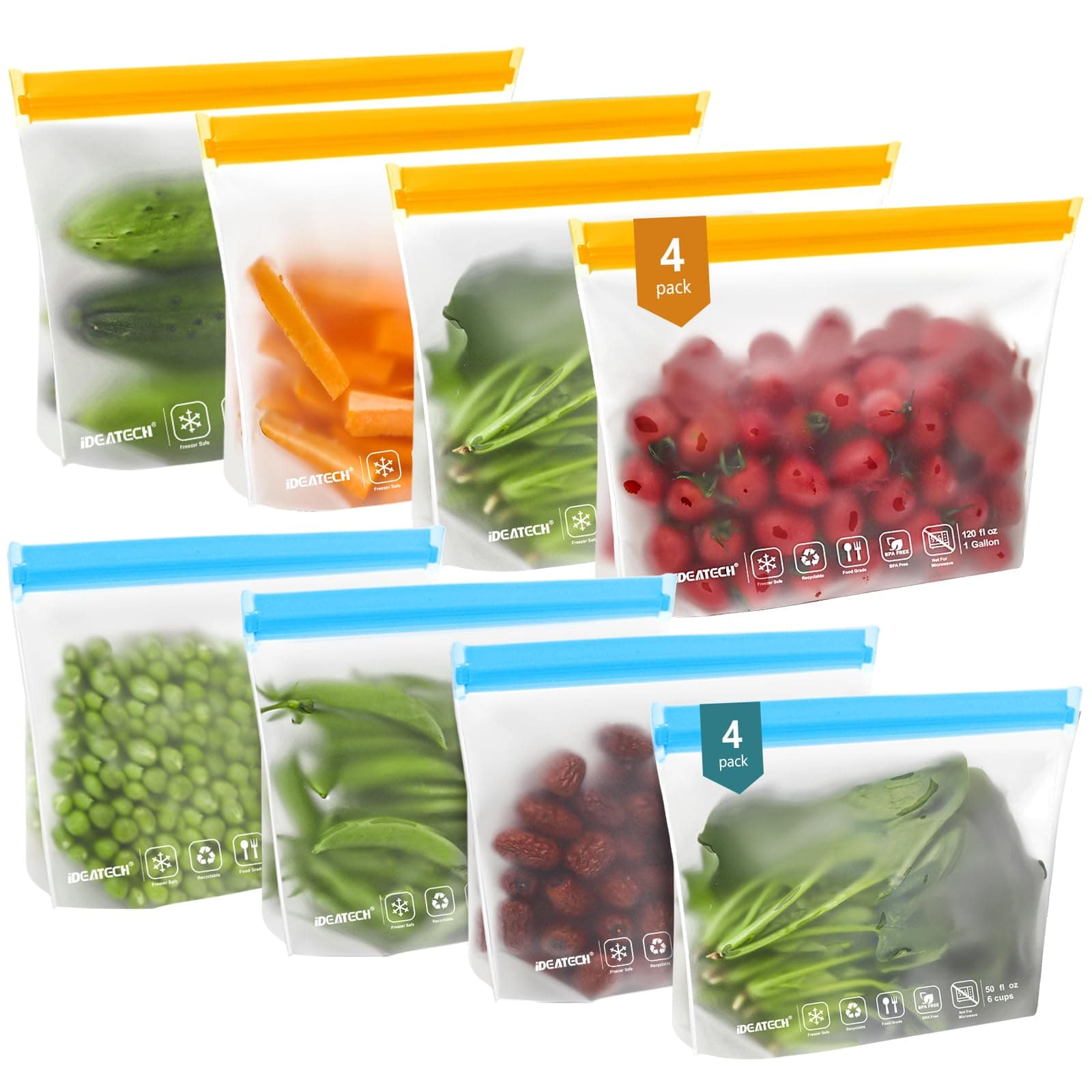 IDEATECH 8Pack Gallon Bags Dishwasher Safe, Leakproof Reusable Gallon Freezer Bags, BPA Free Reusable Gallon Bags, Food Storage Bags for Meats, Sandwich, Travel (8Gallon, Colored)