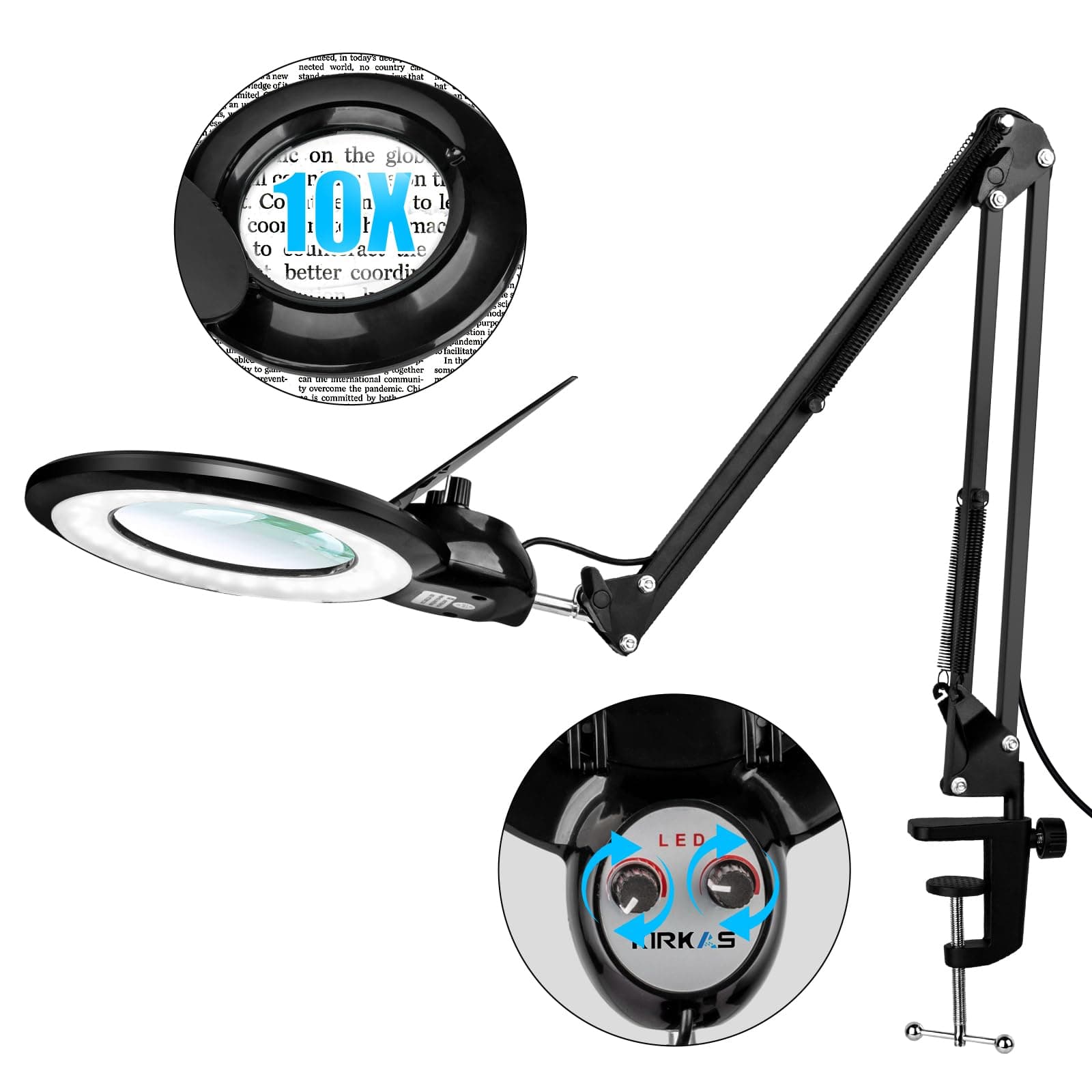 KIRKAS 10X Magnifying Glass with Light and Clamp, LED Magnifying Lamp, 2200 Lumen Any Color Modes and Stepless Dimming, Real Glass Lens Magnifier Light for Crafts, Reading, Sewing, Close Work- Black