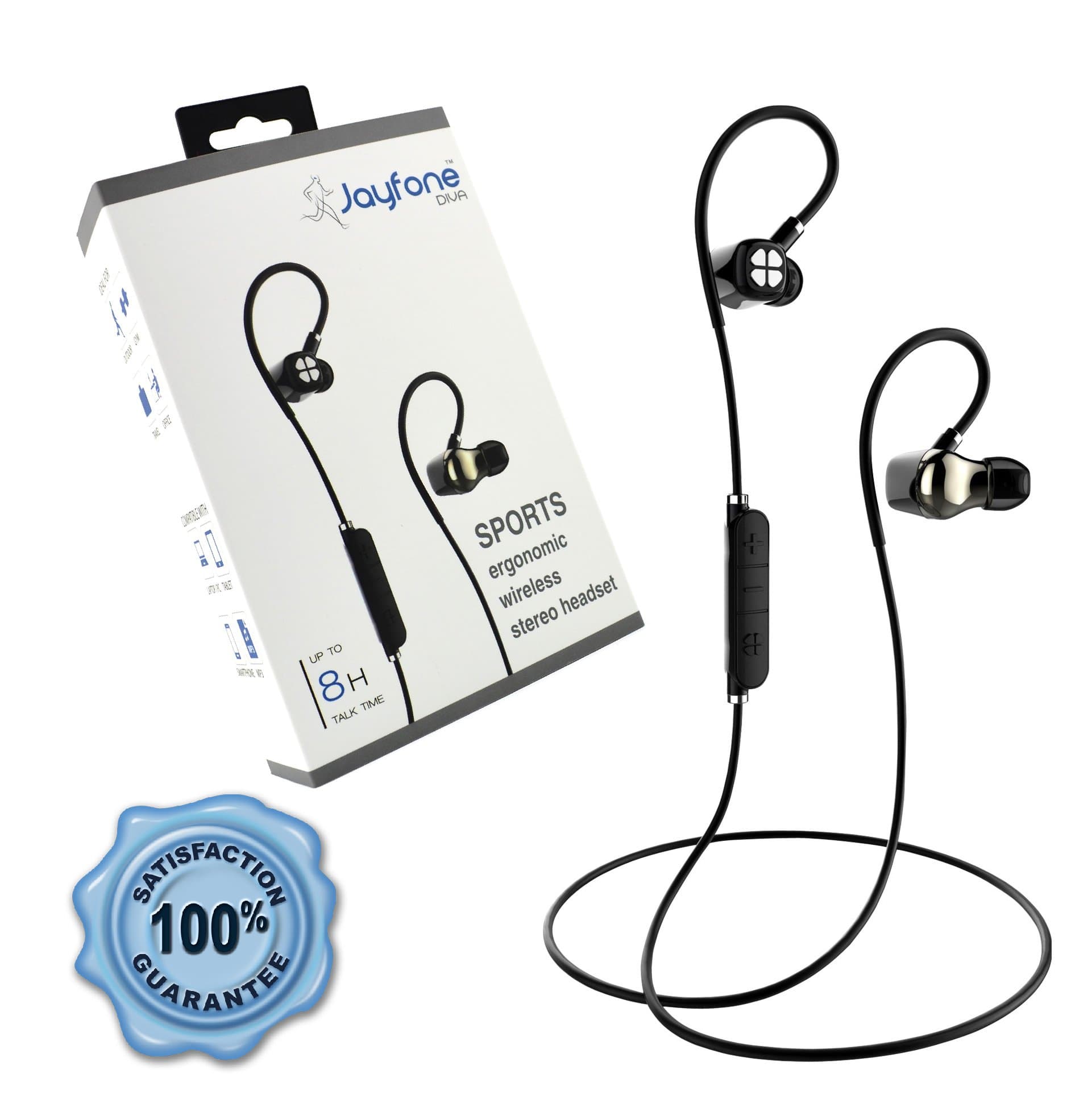 Jayfone Bluetooth Wireless Headset with Noise Cancelling HD Stereo Earphones and Mic, Best Headphones for Music and Cell Phone Calls, Sweatproof Secure Fit Sports Earbuds for Running and Gym Workout