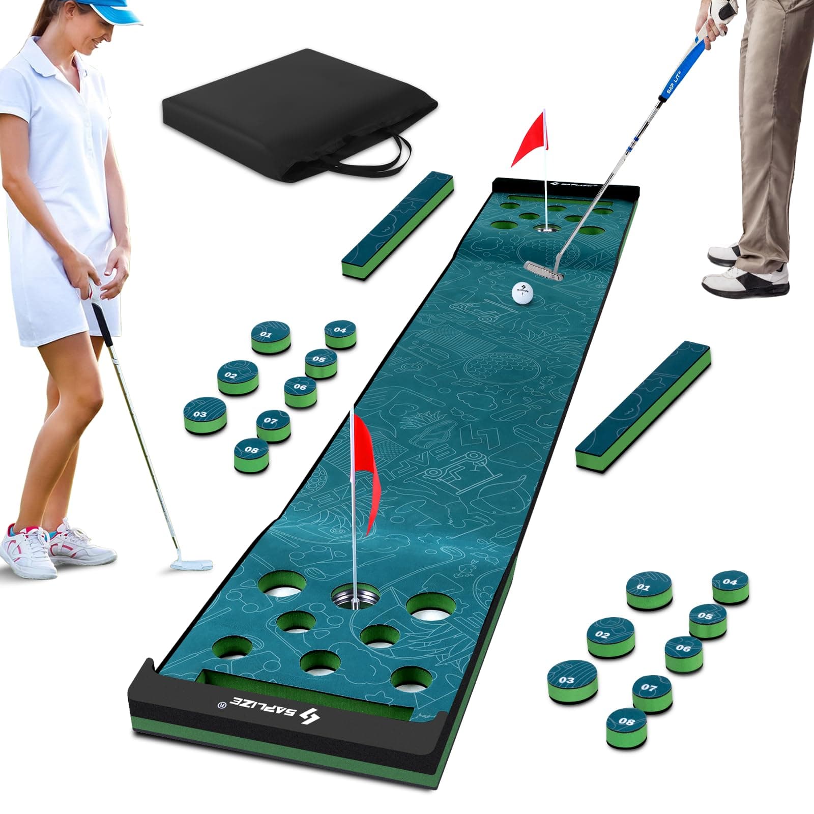 SAPLIZE Golf Pong Putting Game Set, 20 in X 10 ft Putting Green Mat for Indoor and Outdoor, Anti-Slip Putting Pong Mat Set - Ideal Party Game with Family or Friends