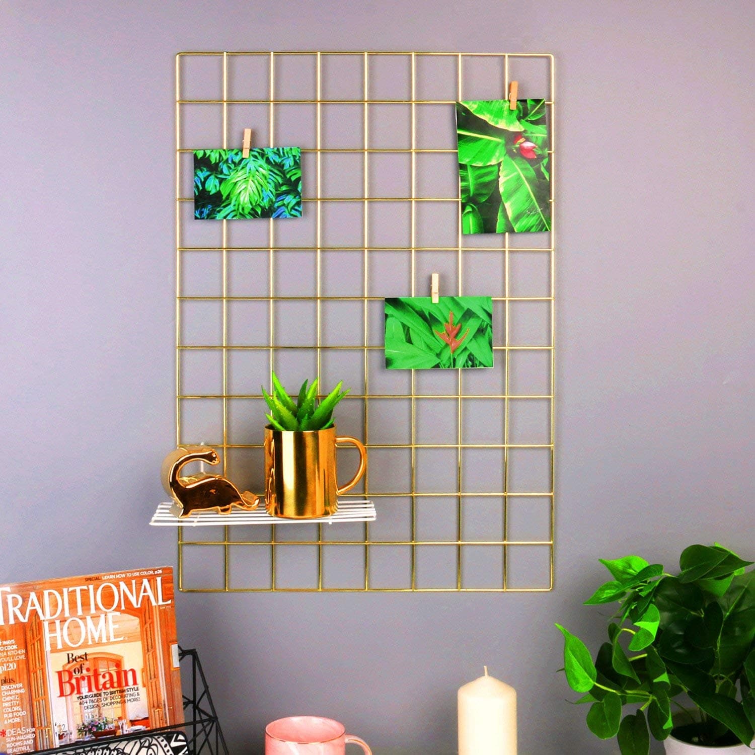 Mesh Wire Grid Photo Wall Bold Network Stalls Shelves Exhibition Display On The Wall/Wall Decoration/Organizer (Gold 17.7" x 25.6")