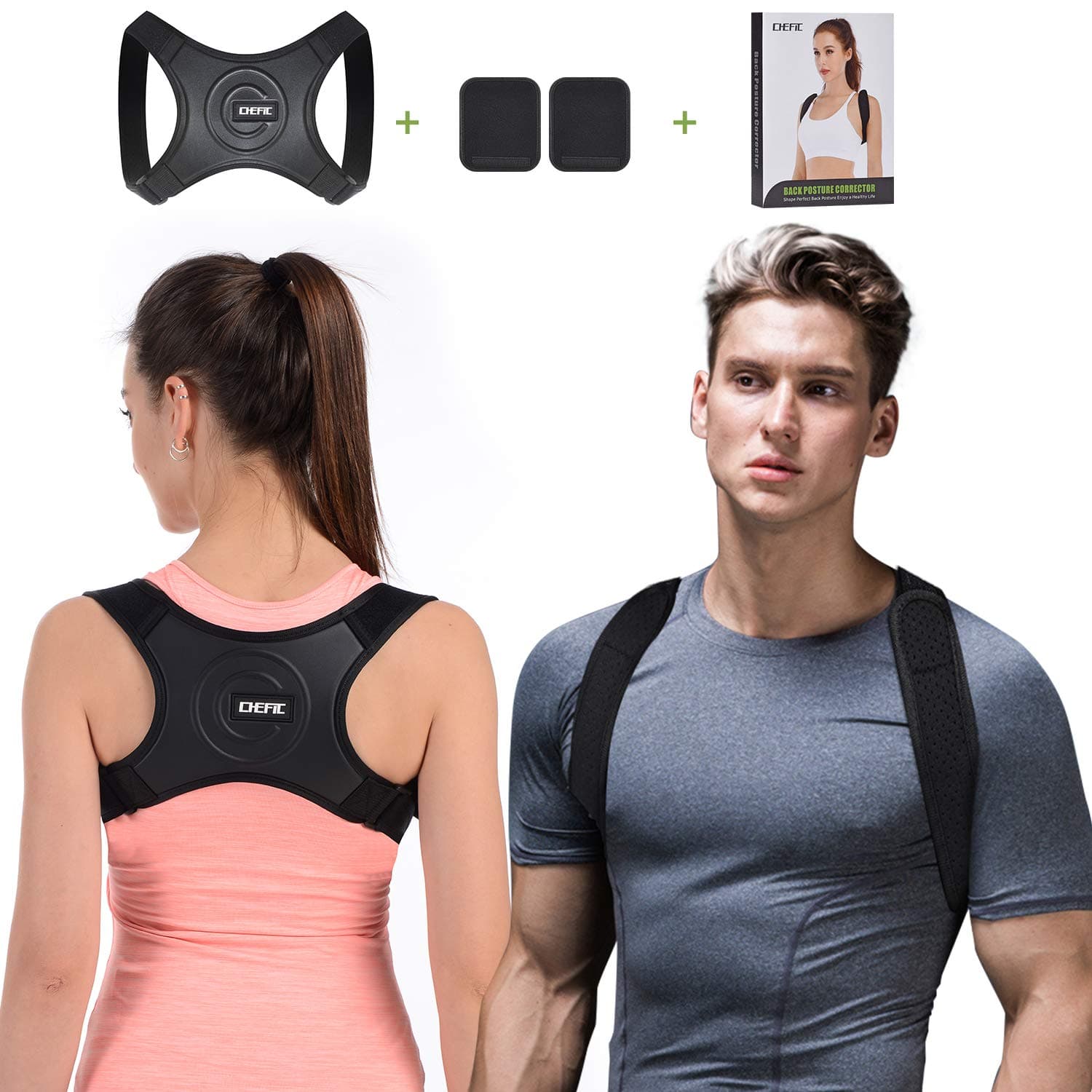Chefic Posture Corrector, Adjustable Back Brace Upper Back Straightener for Spinal Alignment & Posture Support with 2 Armpits Pads, Provide Shoulder/Neck Pain Relief, Suitable for Men, Women and Kids