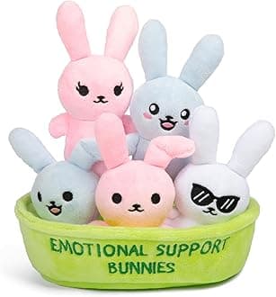 WHAT DO YOU MEME? Emotional Support Bunnies by Relatable, Cuddly Stuffed Animals and Toys, Squishy Toys and Plushies, Great Ideas for Loved Ones of All Ages, Includes 5 Plushies with Carrying Basket