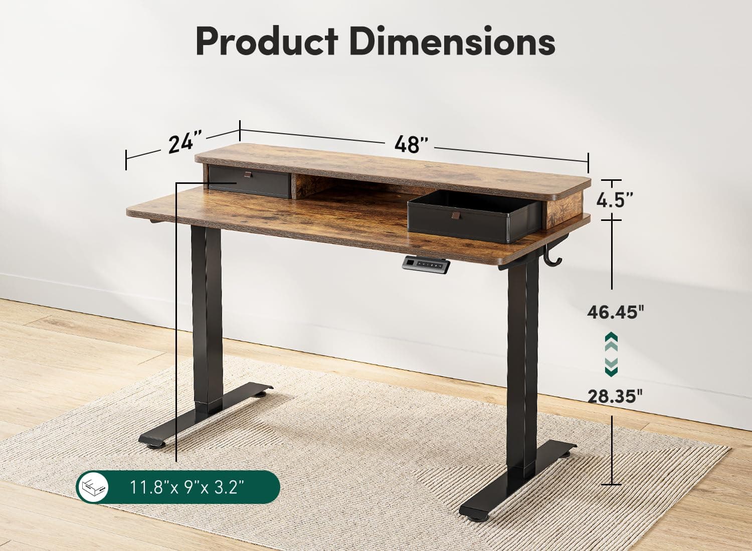 FEZIBO Height Adjustable Electric Double Drawer, 48 x 24 Inch Table with Storage Shelf, Sit Stand Desk with Splice Board, Black Frame/Rustic Brown Top, 48 inch