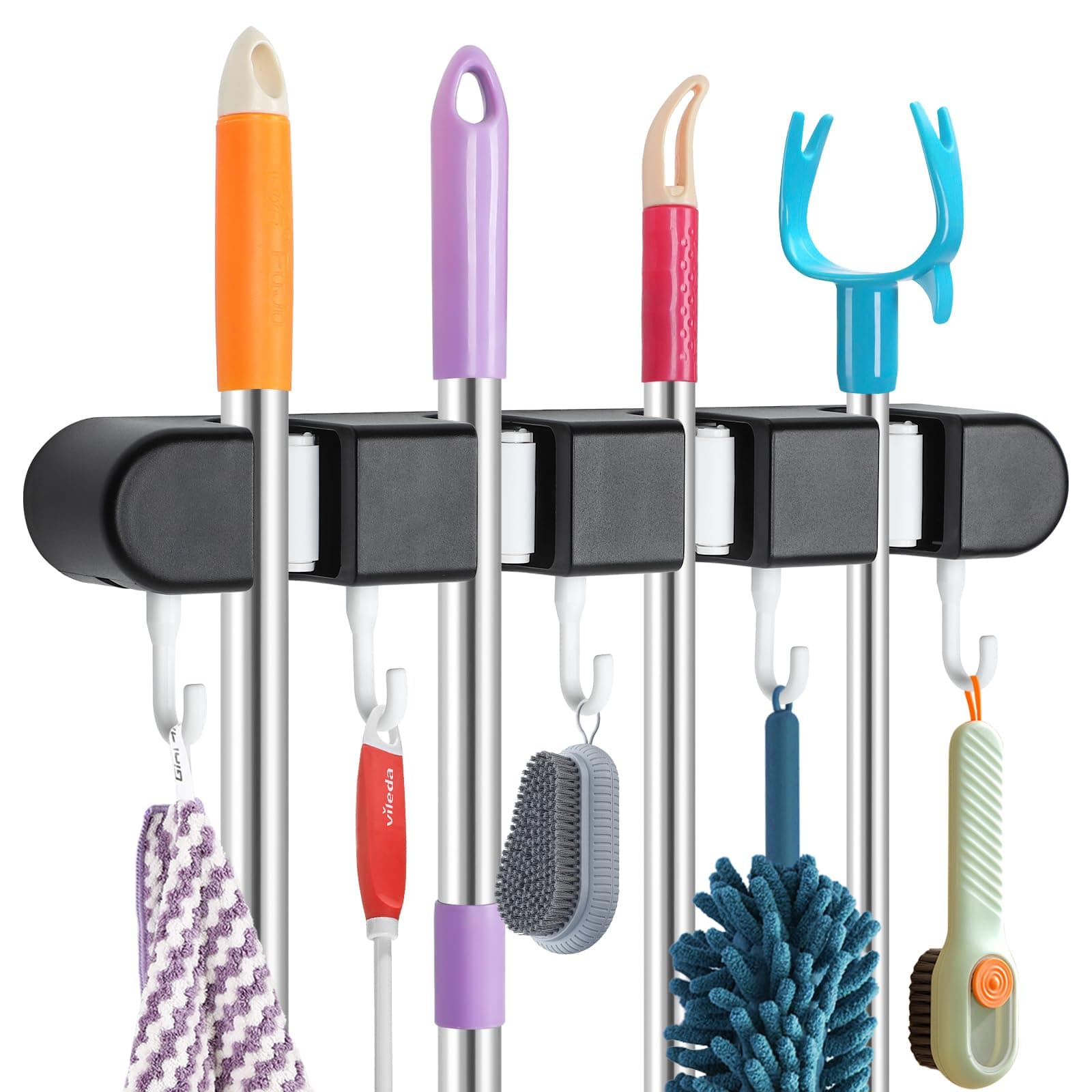 Broom and Mop Holder Wall Mounted, Mop Broom Organizer with 4 Racks & 5 Hooks, Mop Hanger Broom Storage Tool Rack, Garden Tool Organizer with Adhesive Hooks for Home Laundry Garage Kitchen Shed, Black