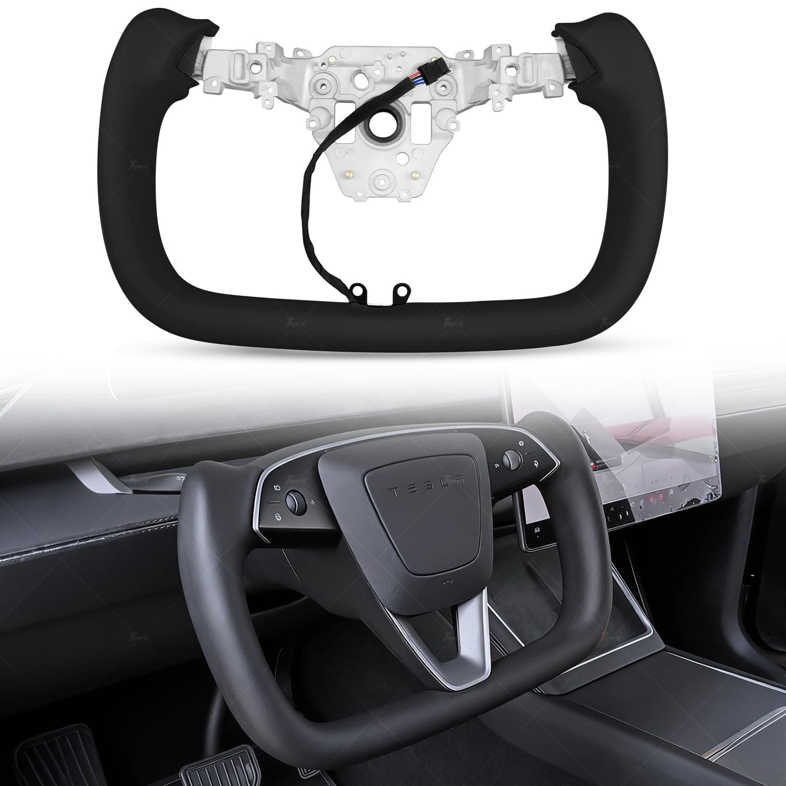 Model Y Juniper Yoke Steering Wheel, Black Nappa Leather Steering Wheel for Tesla Model Y Juniper 2026 Accessories With Heating Function No Front Trim (Black Nappa, Matte Carbon Fiber)