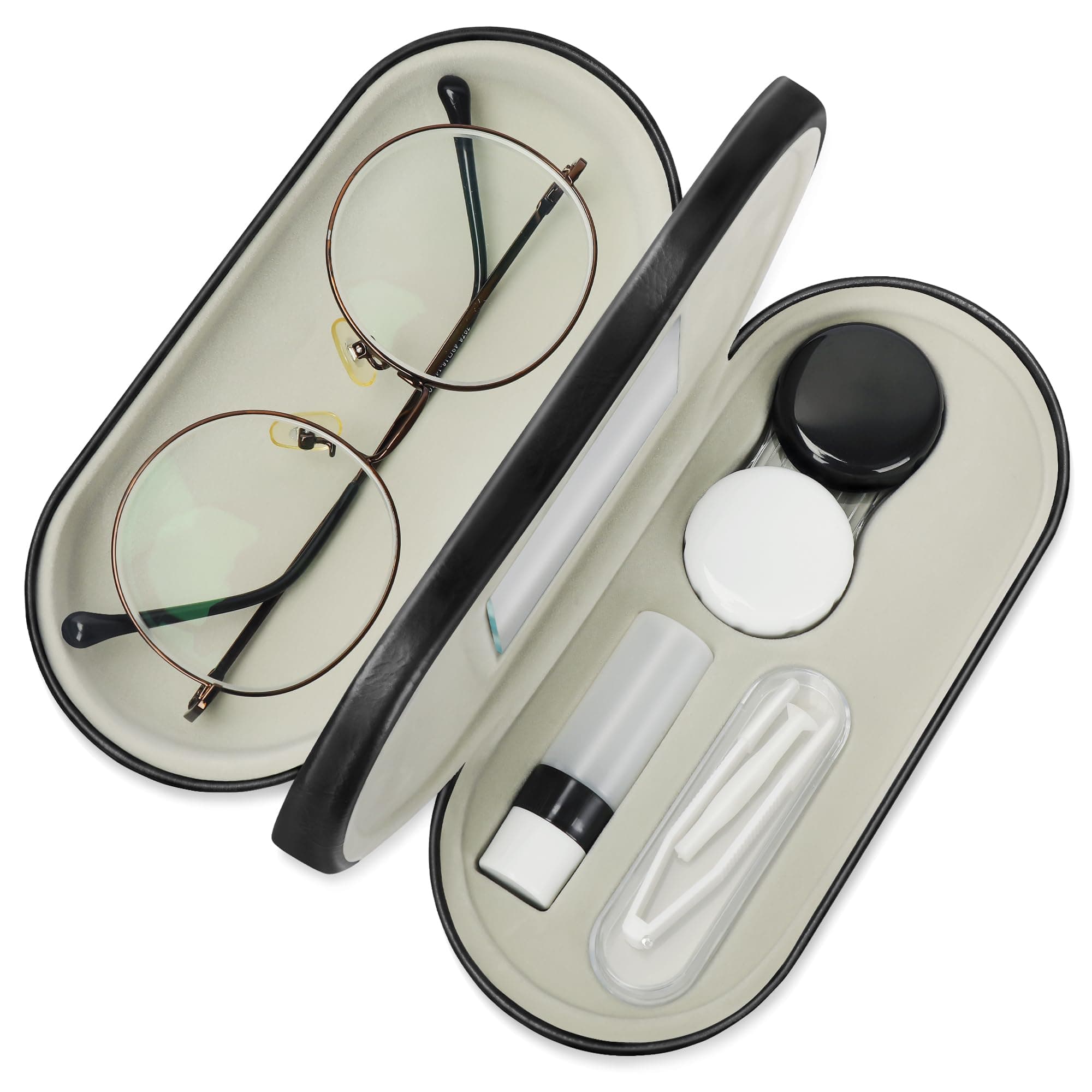 2 in 1 Contact Lens and Glasses Case Double Sided Portable Eyeglasses Case with Mirror Tweezer and Contact Lens Solution Bottle Storage Kit for Travel Black