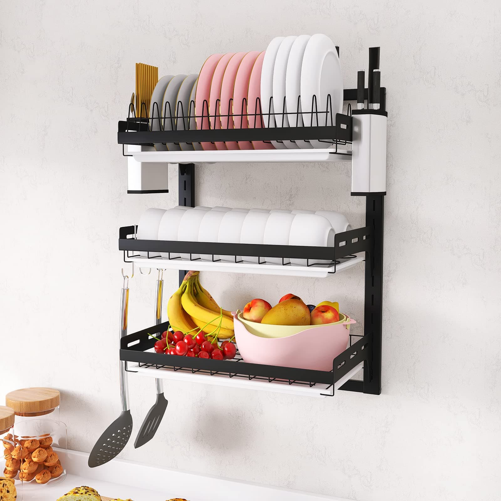 WHIFEA 3 Tier Wall Mounted Dish Drying Rack Stainless Steel Fruit Vegetable Utensils Storage Shelf with Drainboard Knife Holder Cutlery Holder and 3 Hooks for Kitchen Organization Matte Black