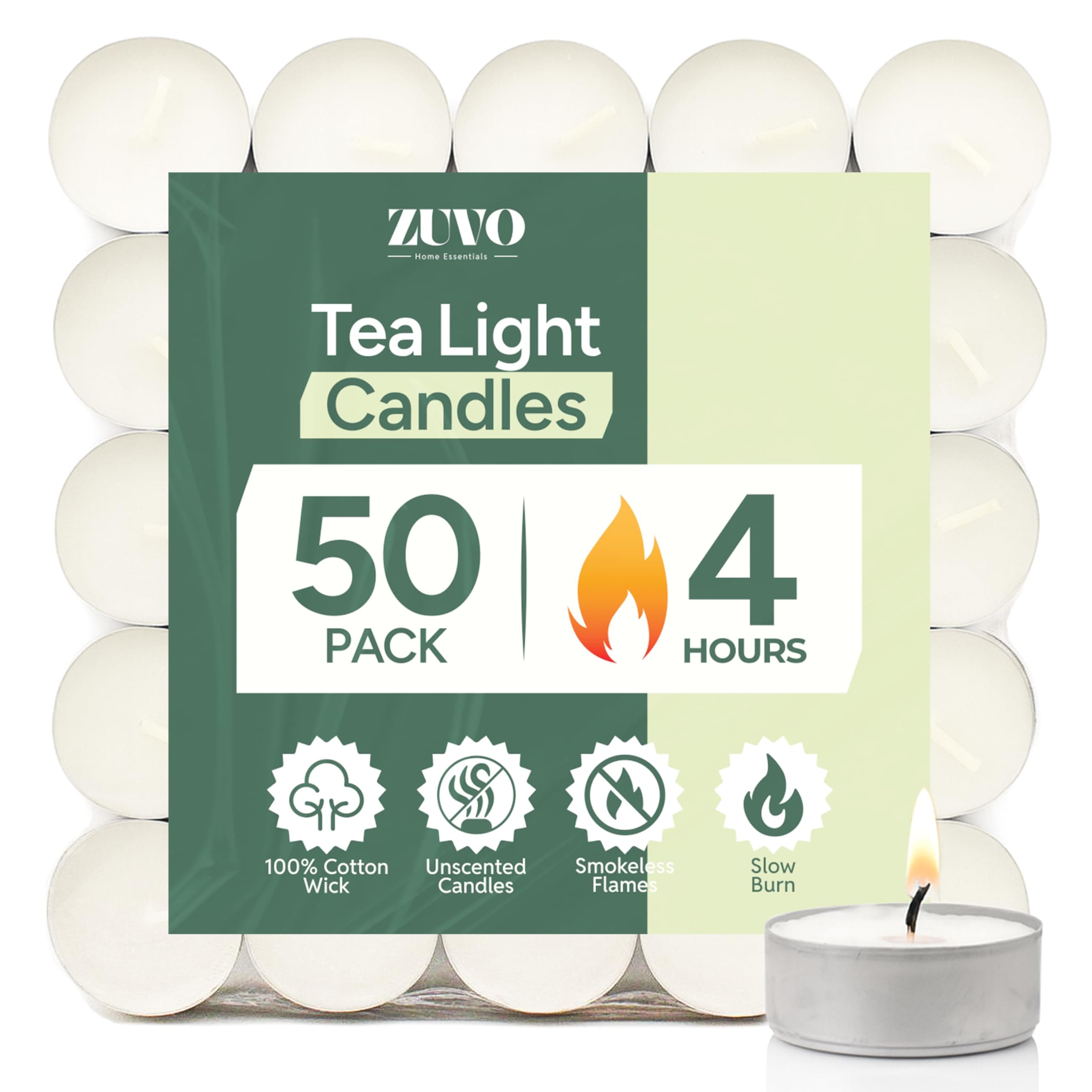Tea Lights Candles 4-Hour Burn (50 Pack) - White t Lights - Unscented 3.8 x 1.3 cm - 4hr - Zuvo