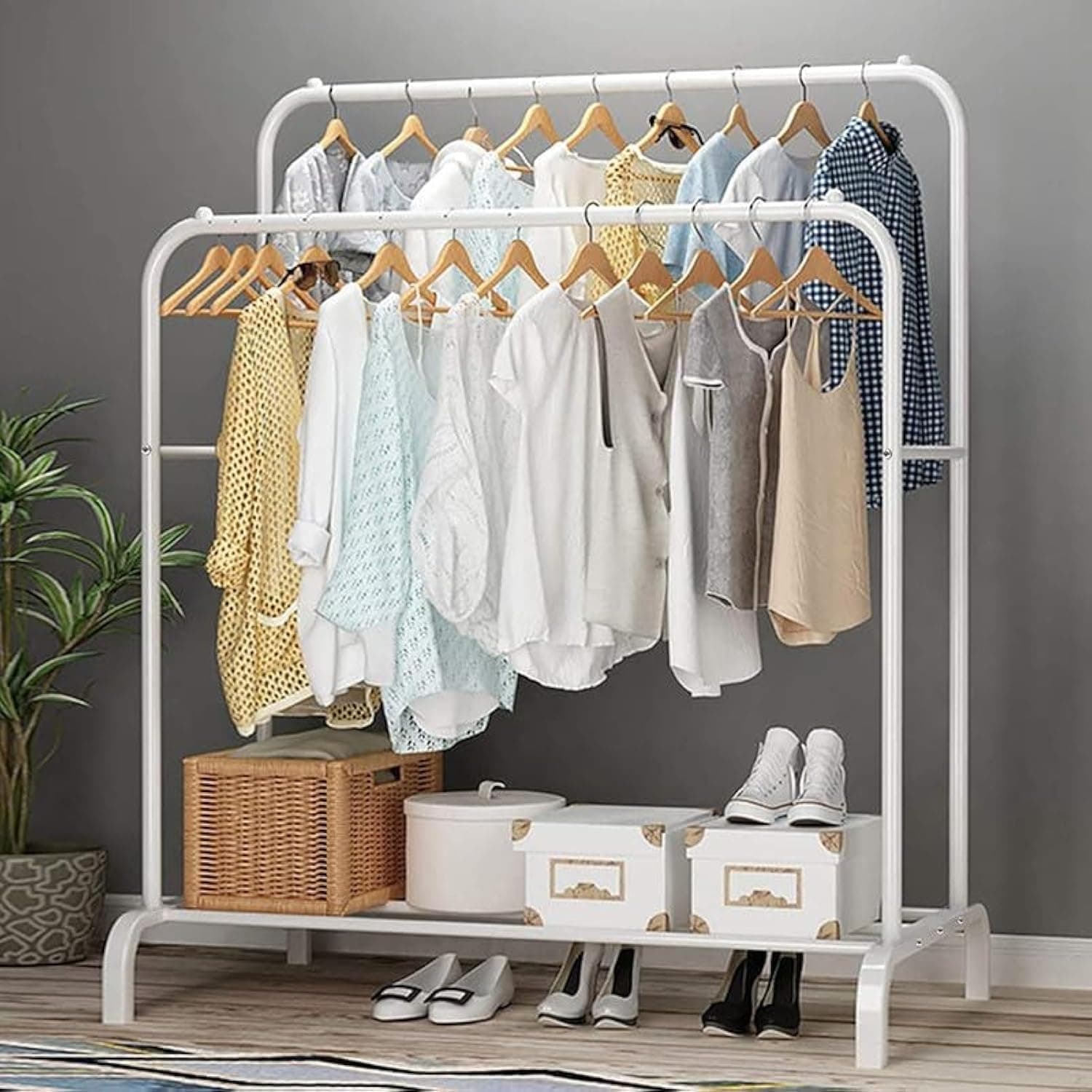 - Lukzer Sturdy Cloth Stand: Heavy-Duty Double Pole Garment Rack with 1 Bottom Shelves and Side Hook – Multi-Functional Storage Organizer for Bedroom and Living Room (White, 55 x 110 x 148 cm/MGS-002)
