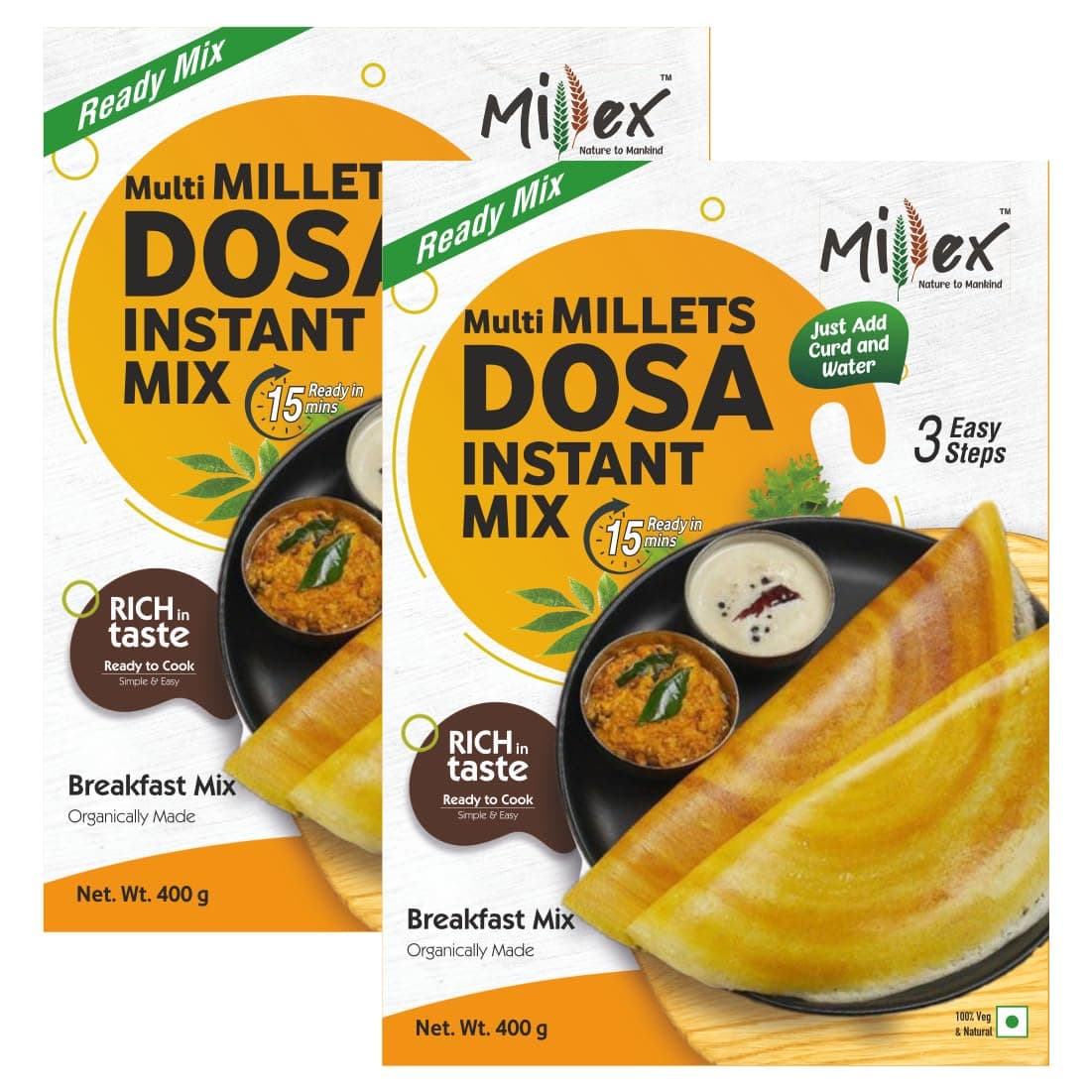 Millex Multi Millets Dosa Instant Mix,2 X 400g (Pack Of 2)| Organic Instant Breakfast |High Fibre & Protein Ready Mix| Easy & Ready to Cook| Natural & Healthy Quick Dosa| Any time Snacks| Low Fat| Easy & Ready to Cook |No Rice