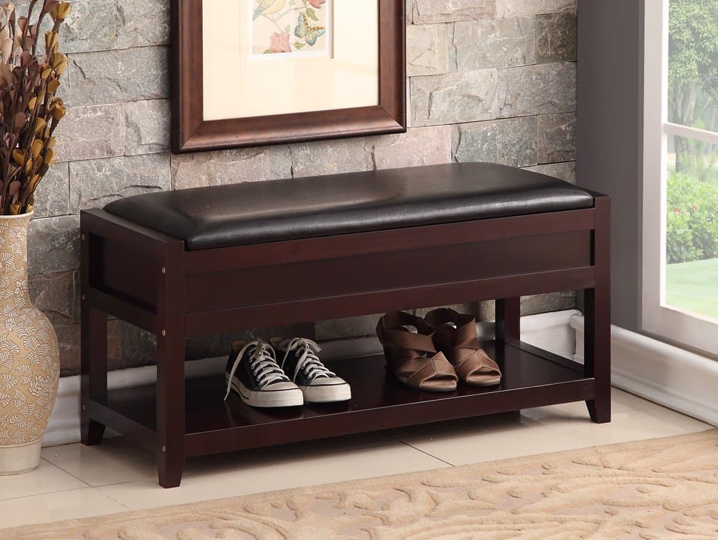 RAAMZO Espresso Bonded Leather Entryway Shoe Bench Shelf Storage Organizer