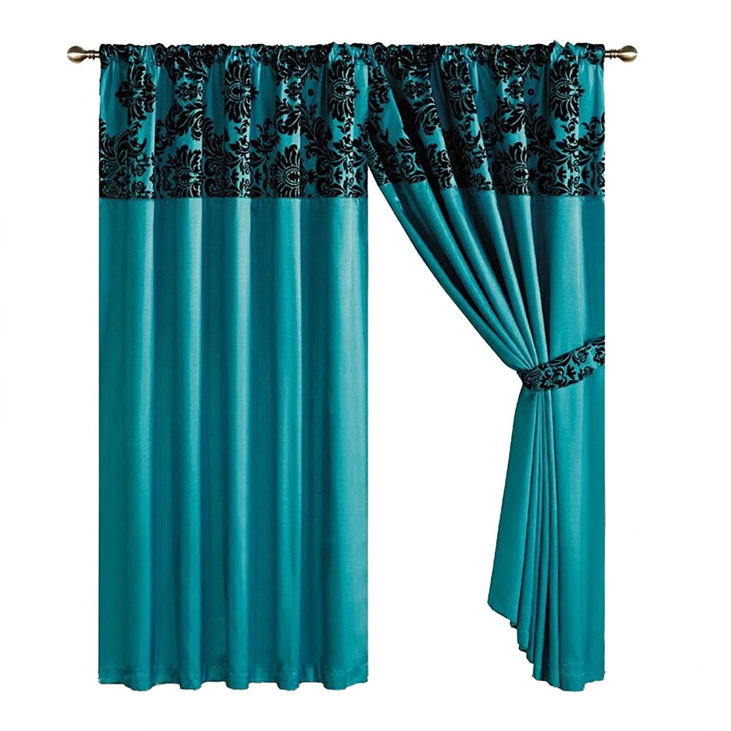 Neve Noelene Kelly Half Flock With Plain Design Damask Pencil Pleat Curtains - Cyan Teal Black (90" X 90" (230cm X 230cm))