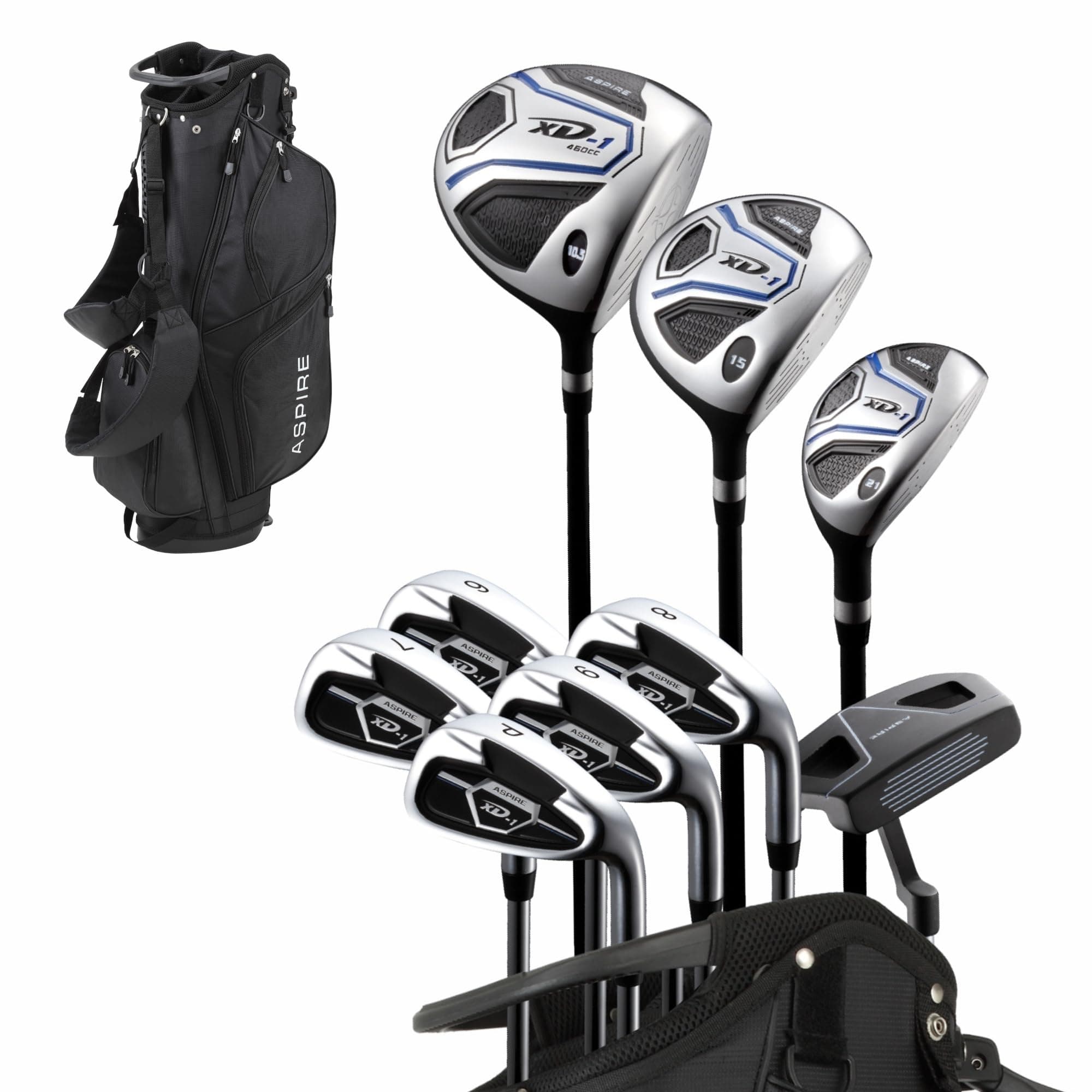 Aspire XD1 Men's Complete Golf Clubs Package Set Includes Titanium Driver, S.S. Fairway, S.S. Hybrid, S.S. 6-PW Irons, Putter, Bag, 3 H/C's Right Hand - Blue - Choose Size! Tall Size +1" black
