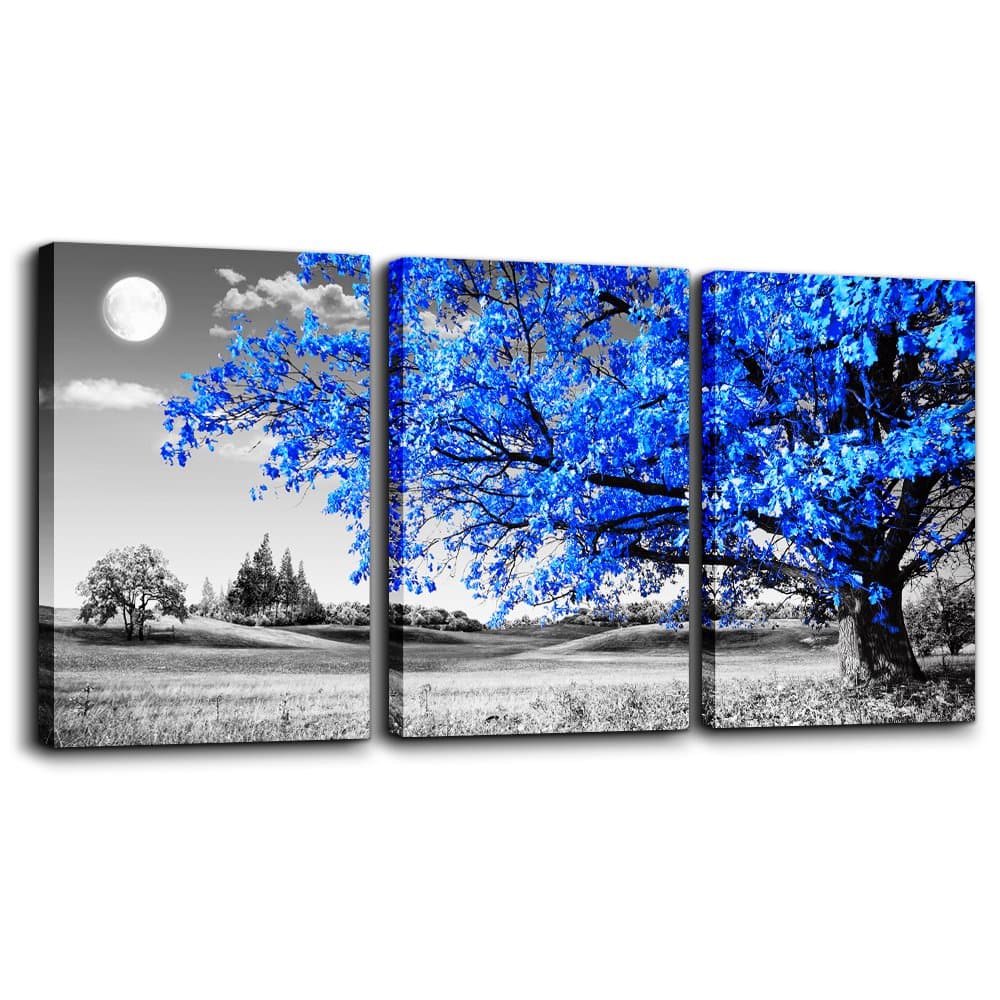 Wall Art For Living Room black and white Blue tree moon Canvas Wall Decor for Home artwork huge Painting 16" x 24" 3 Pieces Canvas Print For bedroom Decor Modern Salon kitchen office Hang a picture