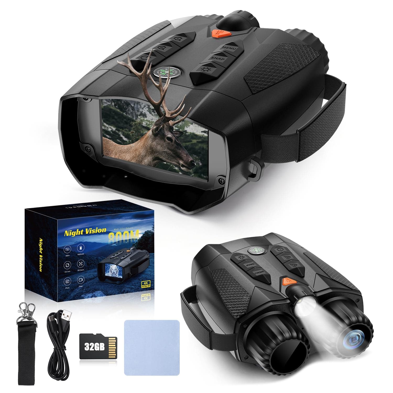 Night Vision Goggles -4K Night Vision Binoculars with, 10X Zoom, External Tactical Light & Compass，5000mAh Fast Charging, 32G Card, Record Video & Photos, Camping Hunting, Gift for Dad/Men（Black）