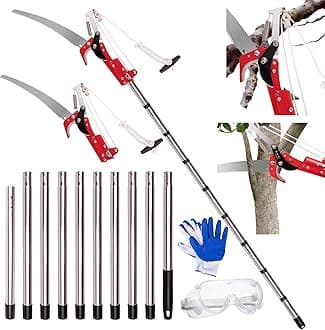 Manual Pole Saw, 3-14 ft Extendable Tree Pruner, Sharp Steel Blade and Scissors High Branches Trimming,with Lightweight 10 Handles, Protective Glasses and Gloves, for Pruning Palms and Shrubs