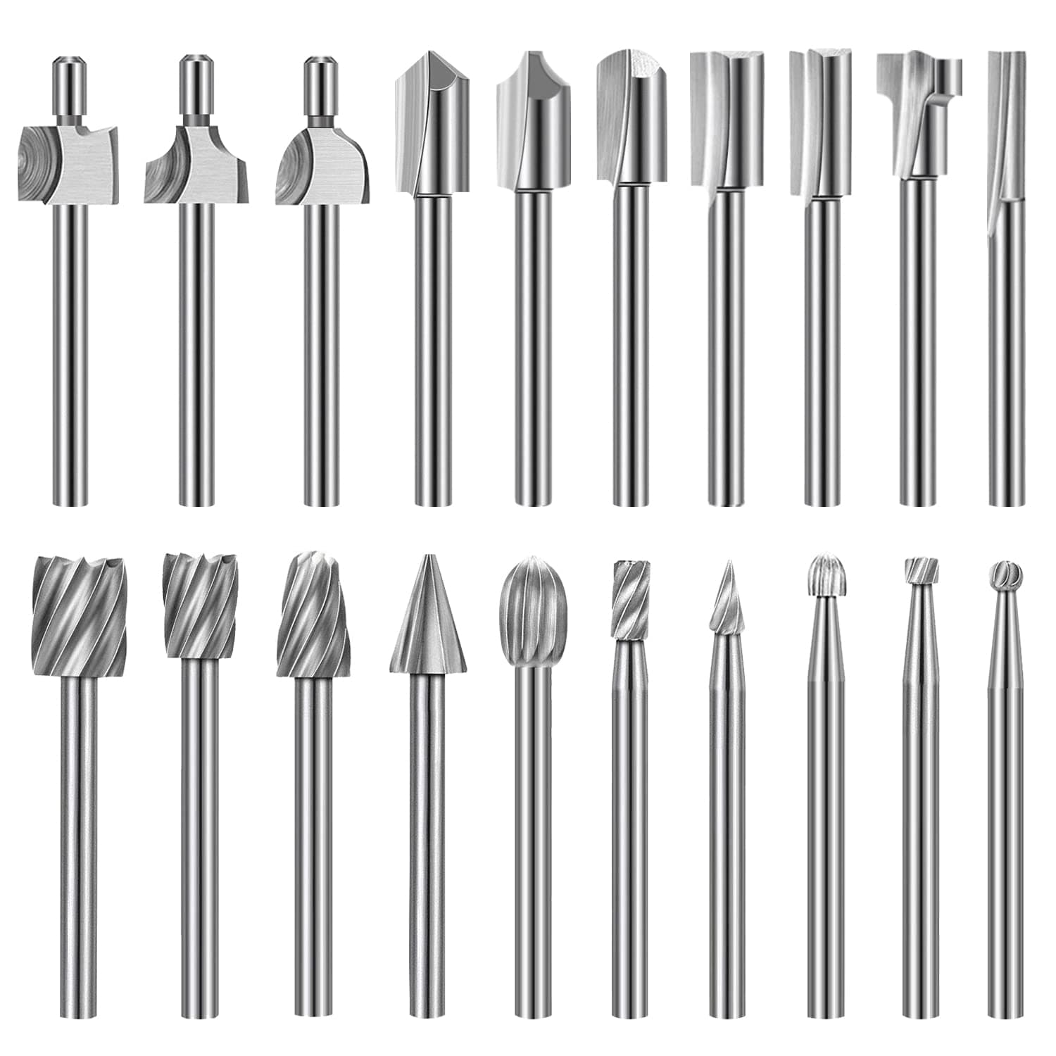 shengbenhao Wood Carving Drill Bit Set, 20 PCS HSS High Hardness Rotary Burrs Set with 1/8"(3mm) Shank, Router Bits DIY Engraving Tools for Woodworking Drilling T(Fits Dremel Rotary Tool)