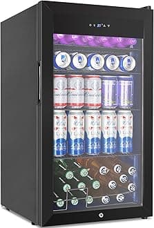 128 Cans Beverage Refrigerator Cooler, 3.2 Cu.Ft Mini Drink Fridge Glass Door for Drink Beer Soda Wine, Small Beer Fridge with 4 Removable Shelves for Kitchen Bedroom, Office Bar Gaming Room, Black