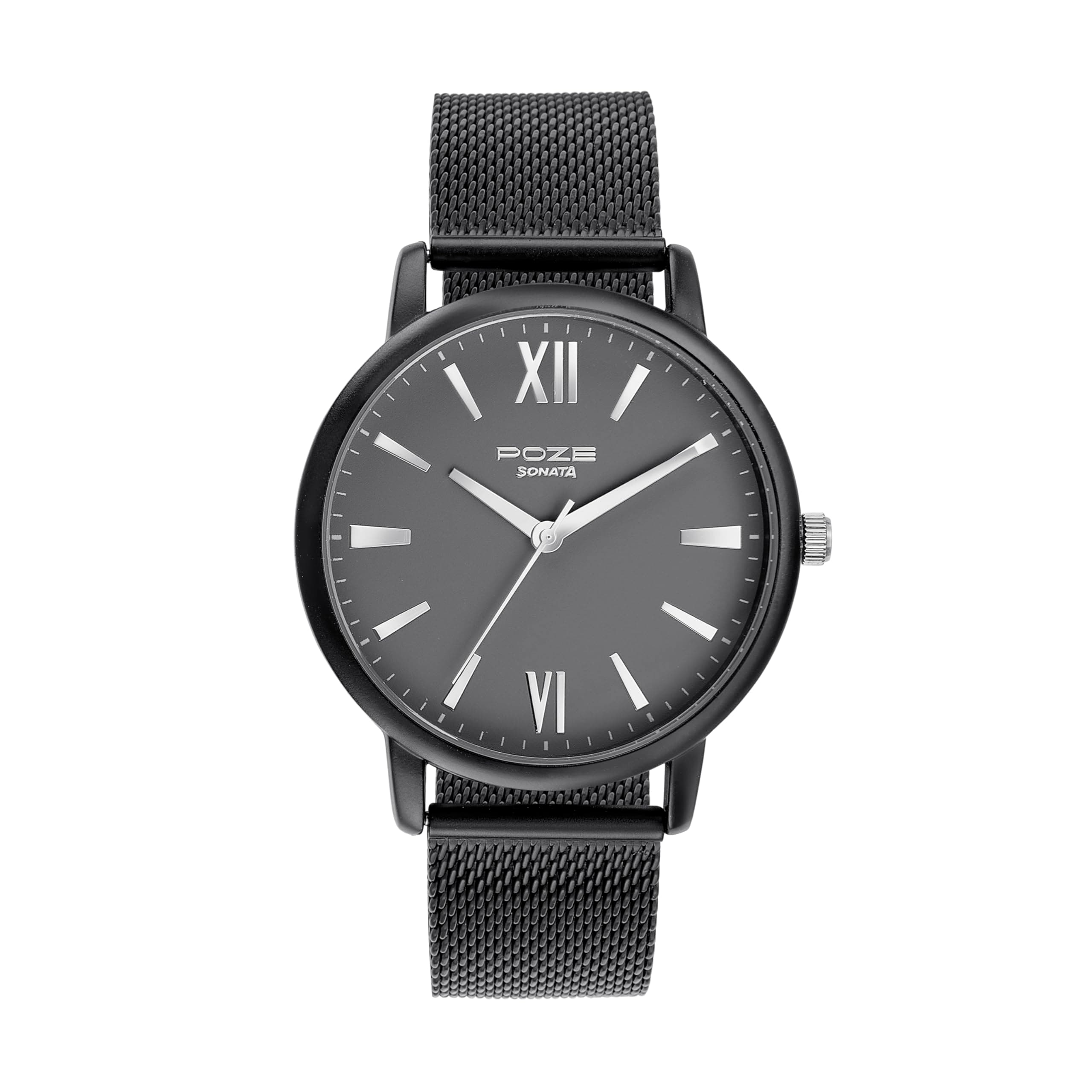 Sonata Poze Quartz Analog Grey Dial Mesh Strap Watch for Men-SP70039KM01W