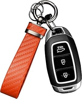Turcee Carbon Fiber Car Keychain,Automotive Interior Accessories Keychains Leather Car Key Fob,Car Accessories Key Ring&Anti-Lost D-Ring(Orange)
