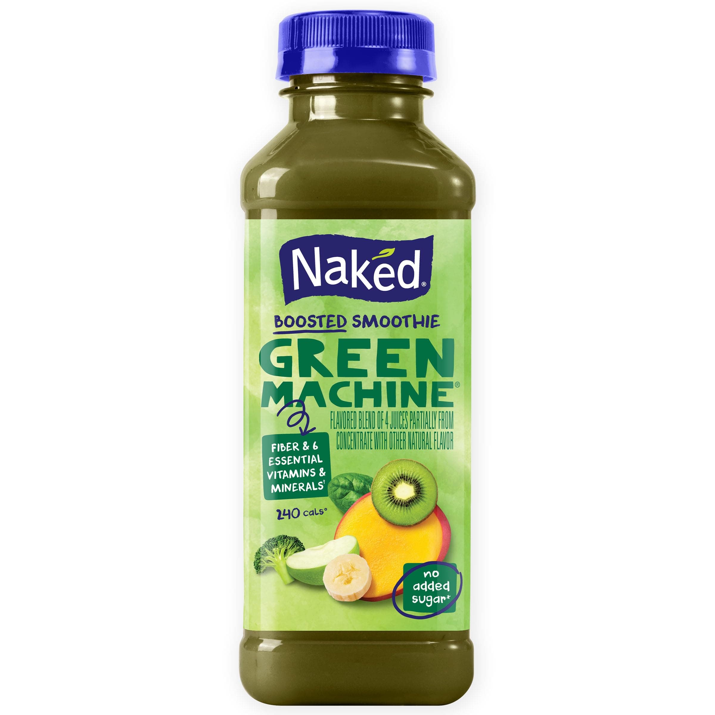Naked Boosted Smoothie Green Machine, 15.2 fl oz Bottle - Real Fruit Juice Smoothie with Fiber, Excellent Source of Vitamin C and Vitamin E for Immune Support