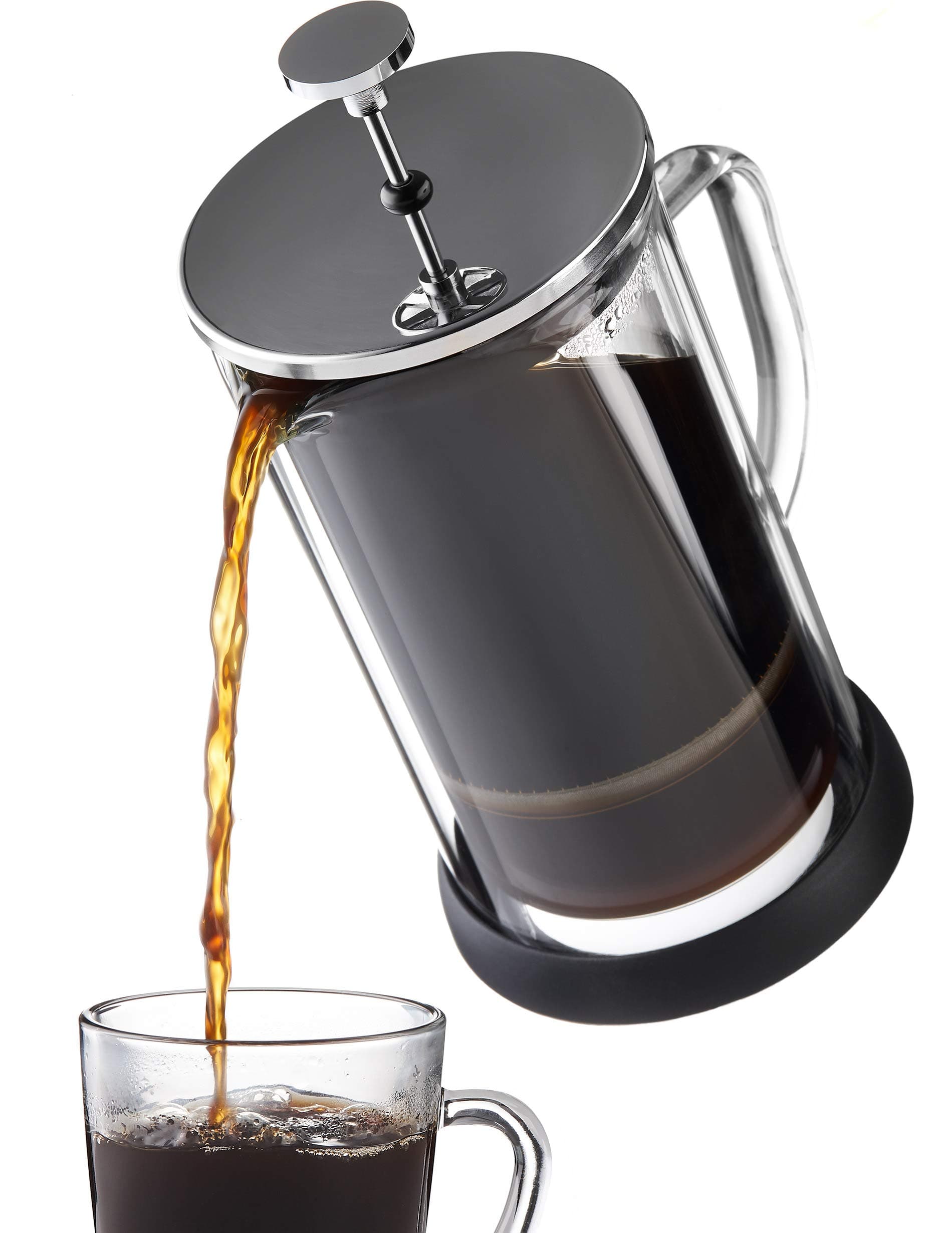 French Press Coffee Maker 34 oz - Innovative Double Glass Design Holds Heat, Dual Filters Provide a Smooth Brew - Includes 2 Additional Mesh Filters (34oz)