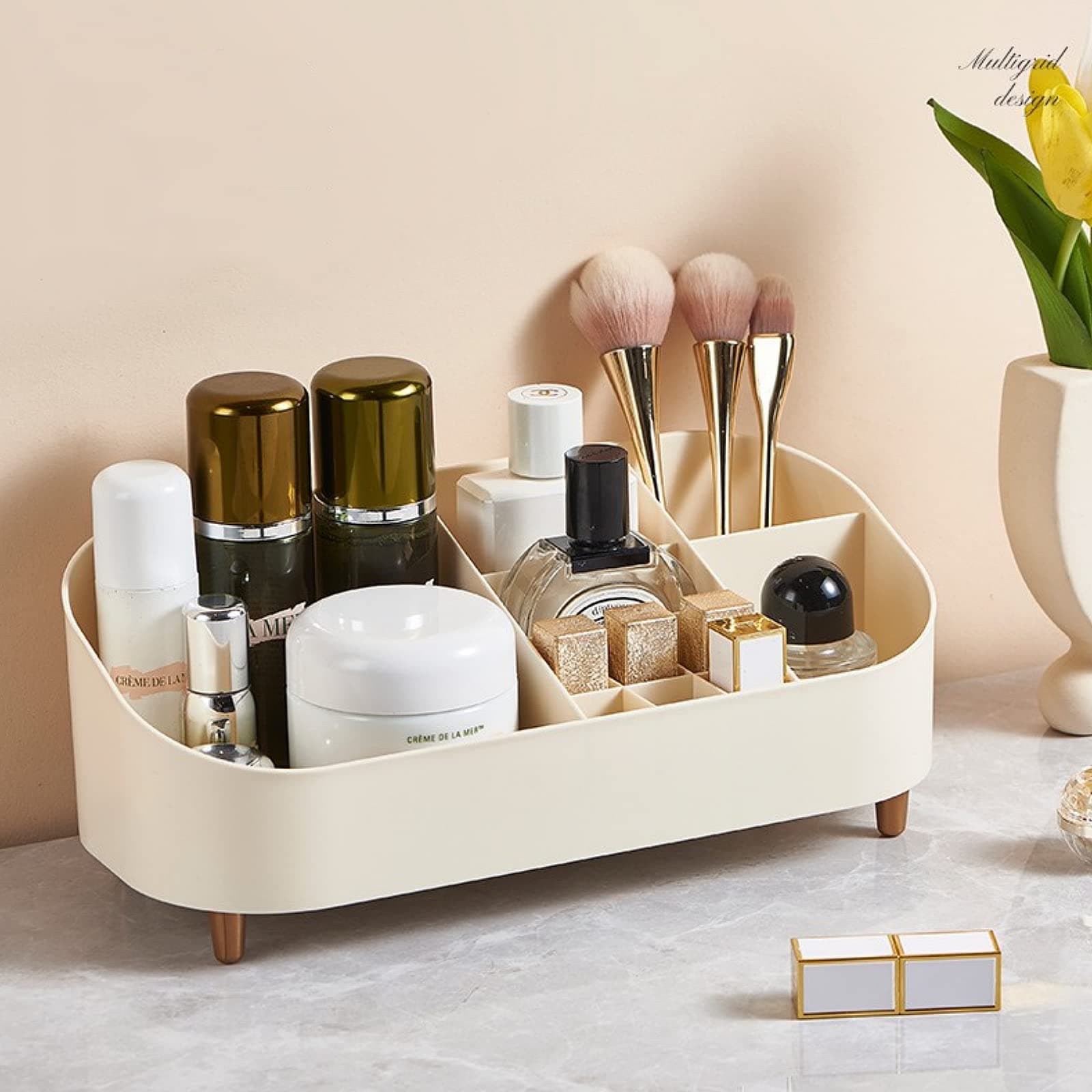 Makeup Organizer, 10 Slot Cosmetic Display Case, Small Vanity Organizer,Large Capacity Desk Organizer, Countertop Storage for Brushes, Lotion, Nail Lipstick