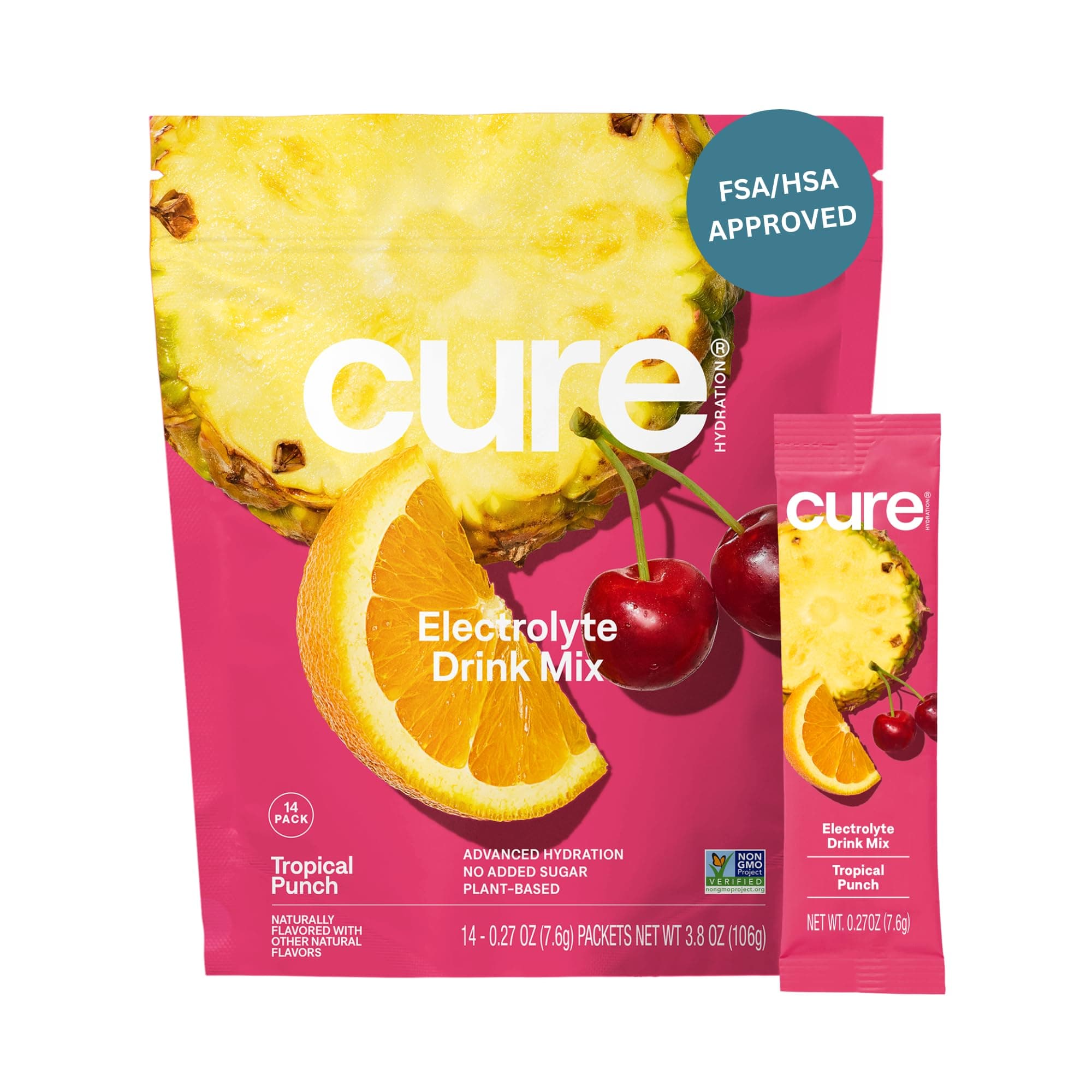 CURE HYDRATION MIX | Plant-Based Electrolyte Drink | No Added Sugar | Dehydration Relief Powder Made with Coconut Water | Non-GMO | Vegan | FSA & HSA | Pouch of 14 Packets - Tropical Punch