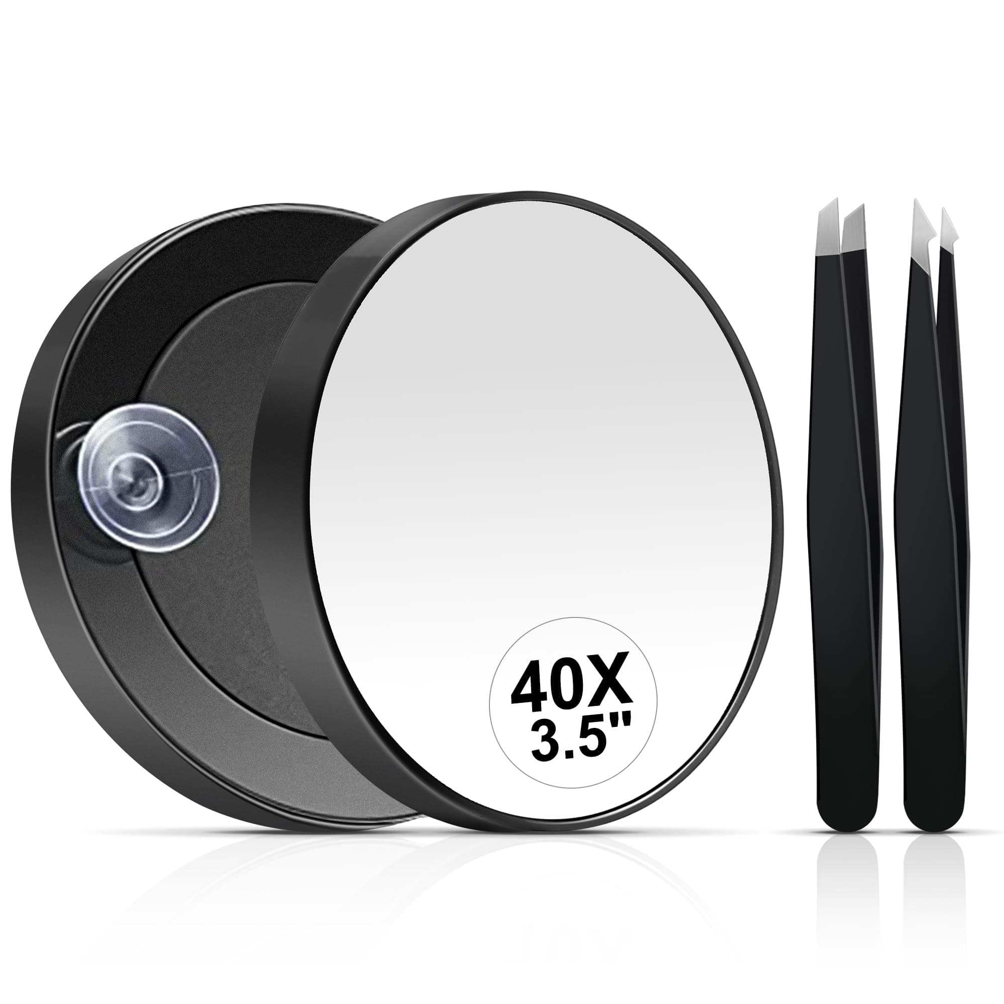 MIYADIVA 40X Magnifying Mirror, 3.5 Inch Round Compact Mirror with Suction Cup, Stainless Steel Tweezers, Perfect for Makeup, Eyebrows, Beards, Travel