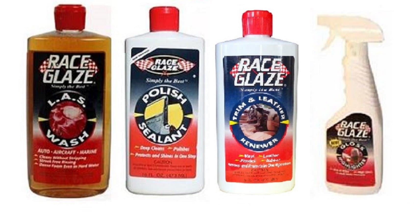 RACE GLAZE Bundle 4 Items - L.A.S. Wash + Polish & Sealant + Trim & Leather Renewer + Gloss Highlighter