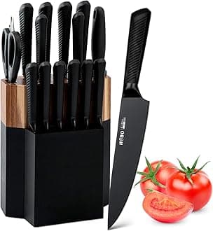 Knife Block Set, 15 Piece Kitchen Knife Set with 6 Steak Knife Set with Sharpener Chef Knife High German Carbon Stainless Steel Knife with Wooden Block Bread Knife Boxed