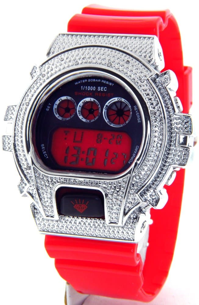 Mens Digital Diamond Watch Silver Case Red Band MMG-7