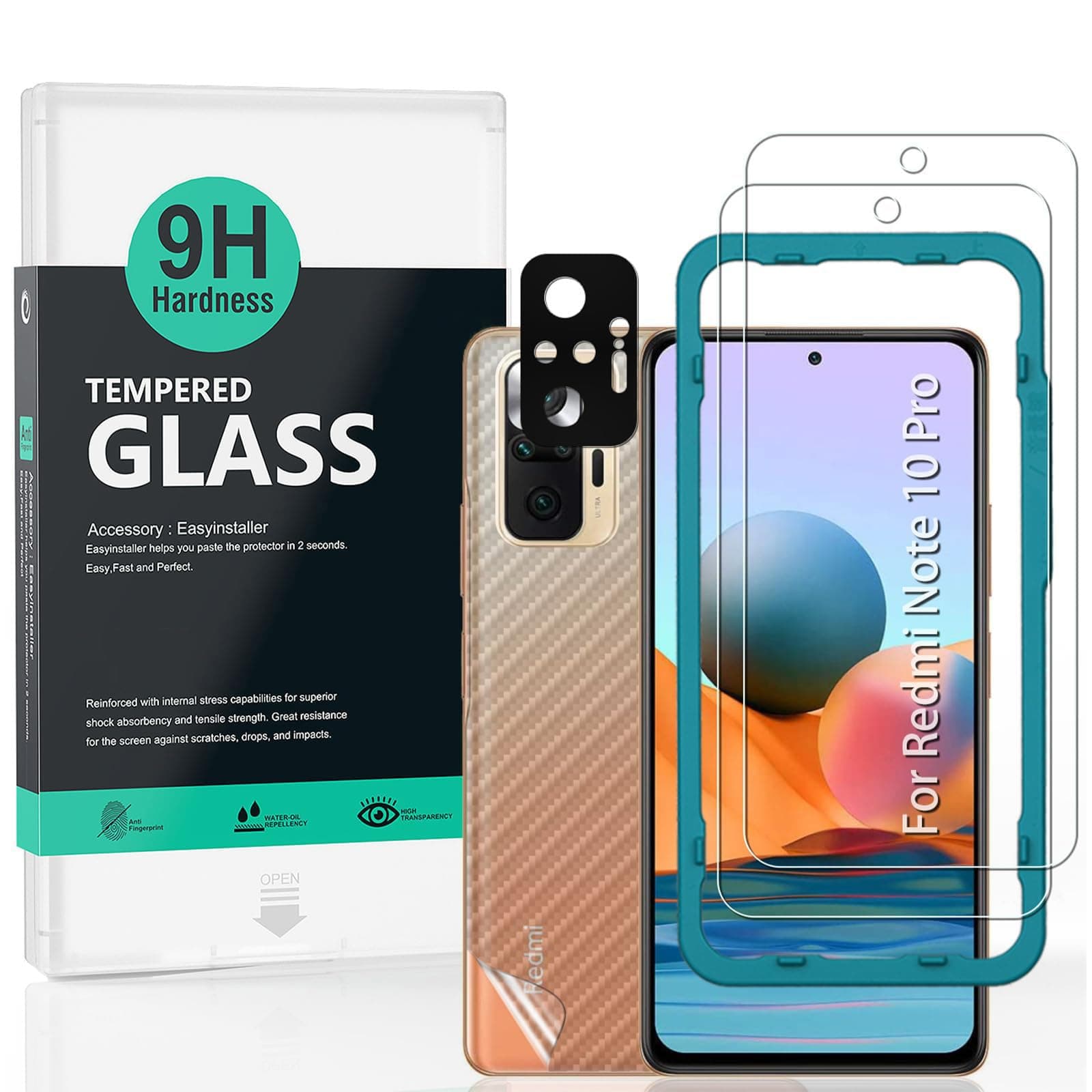 Ibywind Screen Protector For Redmi Note 10 Pro 4G (6.67 Inches) with 2Pcs Tempered Glass,1Pc Camera Lens Protector,1Pc Backing Carbon Fiber Film [Fingerprint Reader,Easy to install]